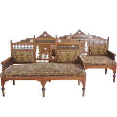 Pair of Moroccan Carved Inlaid Settees