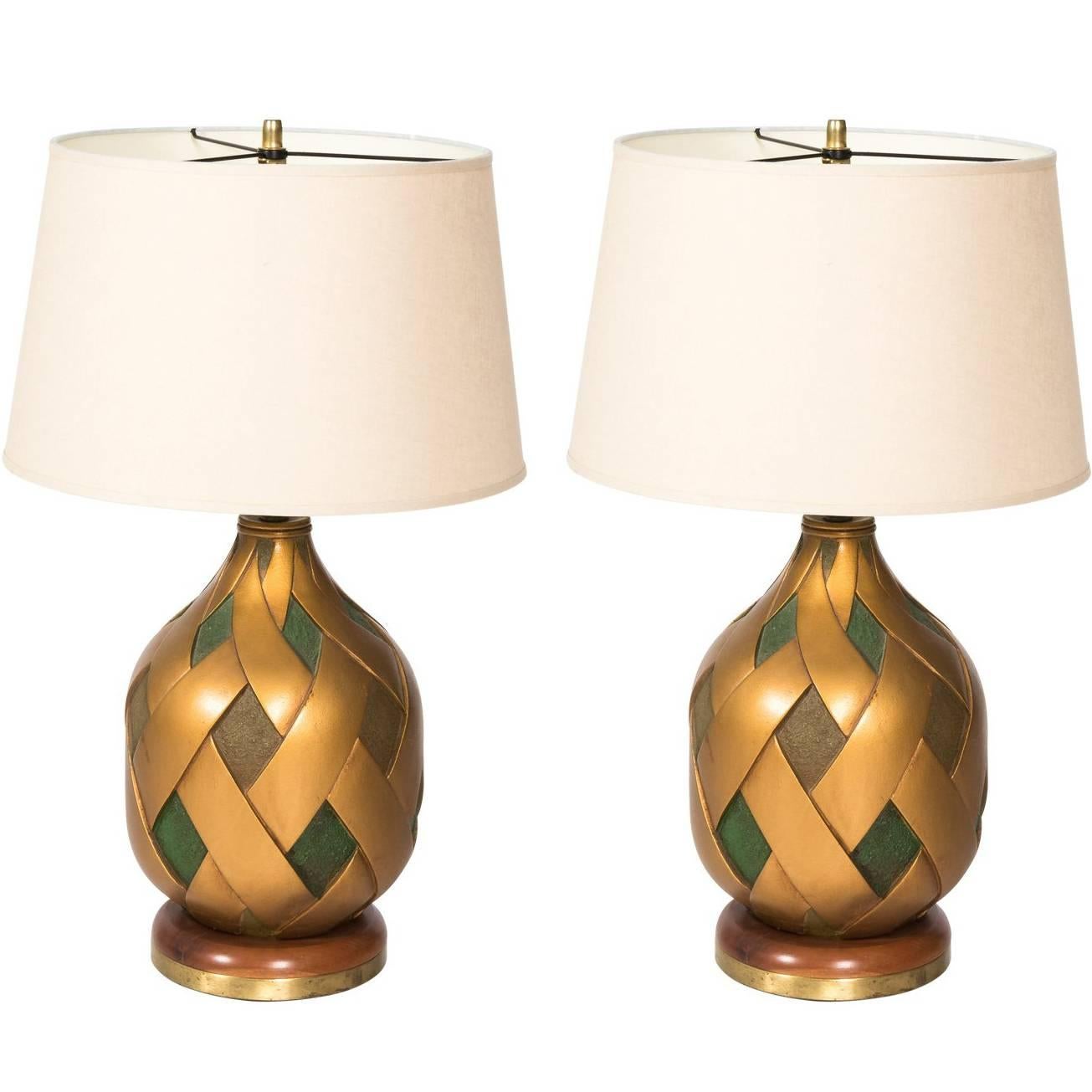 Midcentury Golden and Green Lamps