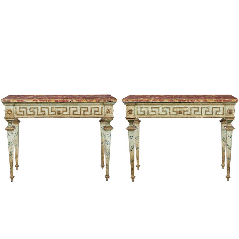 Rare Pair of 19th Century Painted Italian Console Tables For Sale at