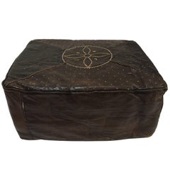 African Brown Rectangular Vintage Embroidered Leather Pouf
