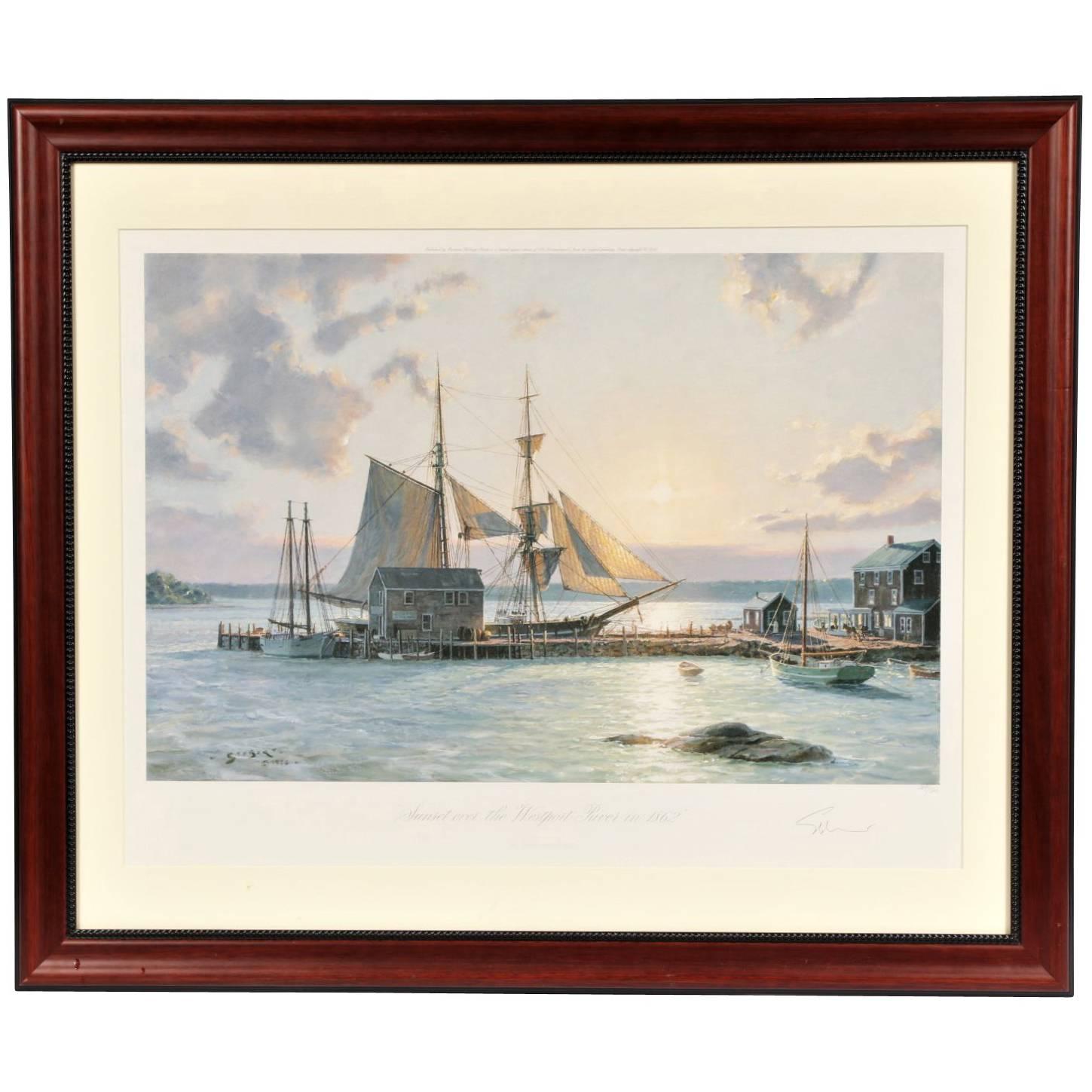 John Stobart Colored Lithograph "Sunset over the Westport River in 1862"