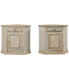 Pair of Vintage Brazilian Painted Wood Corner Cabinets in Soft Beige & Blue-Grey