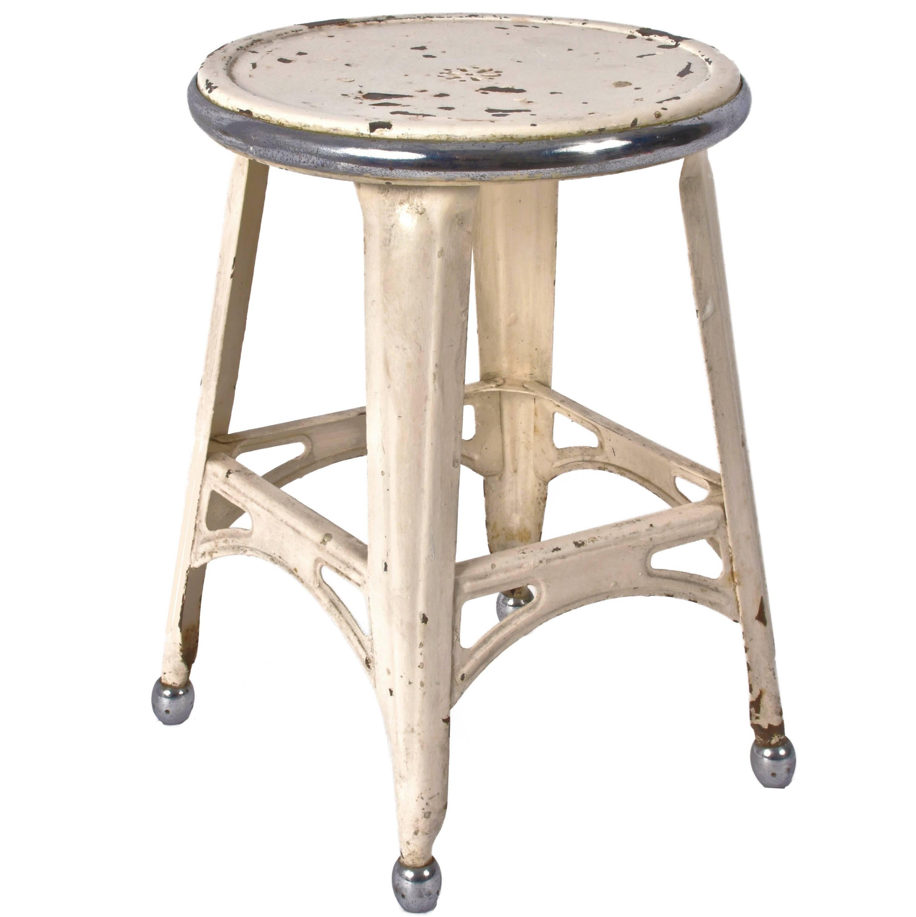 Industrial Style French Stool, in Painted Iron and Chromed Steel, 1940s, France