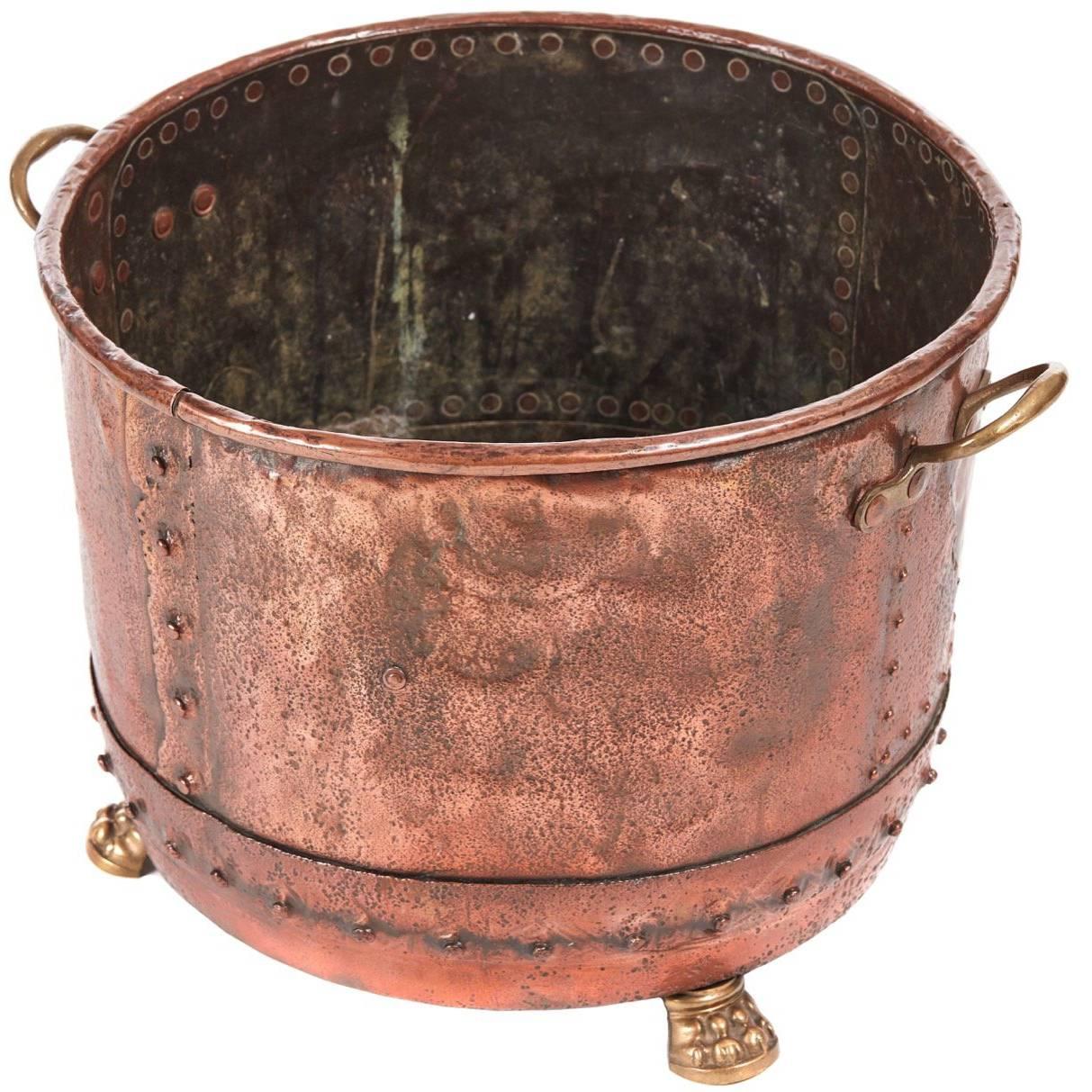 Large Round Antique Copper Log Bin