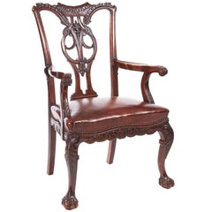 Large Antique Carved Mahogany Claw and Ball Elbow / Desk Chair