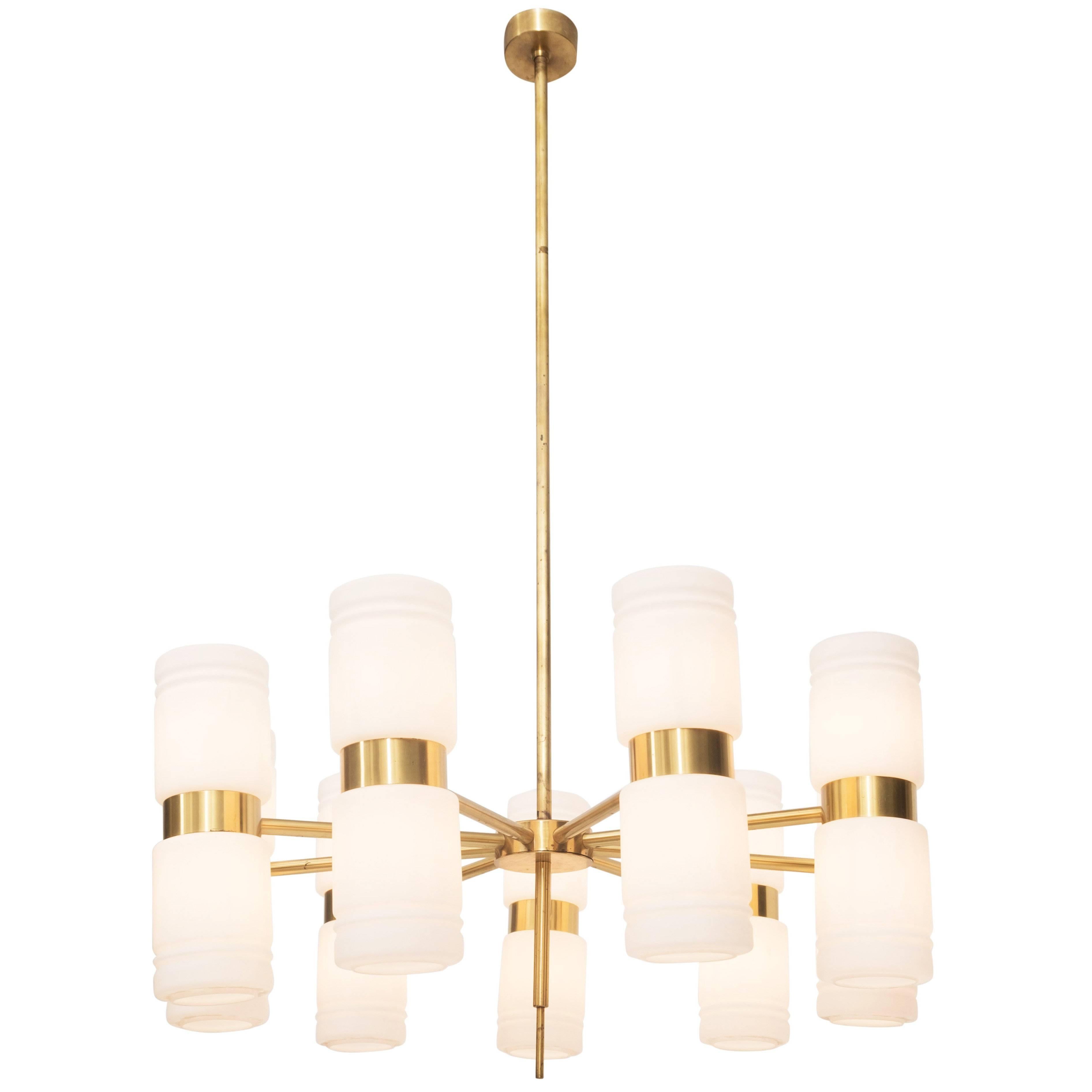 Brass and Opaline Glass Chandelier by Hans Agne Jakobsson