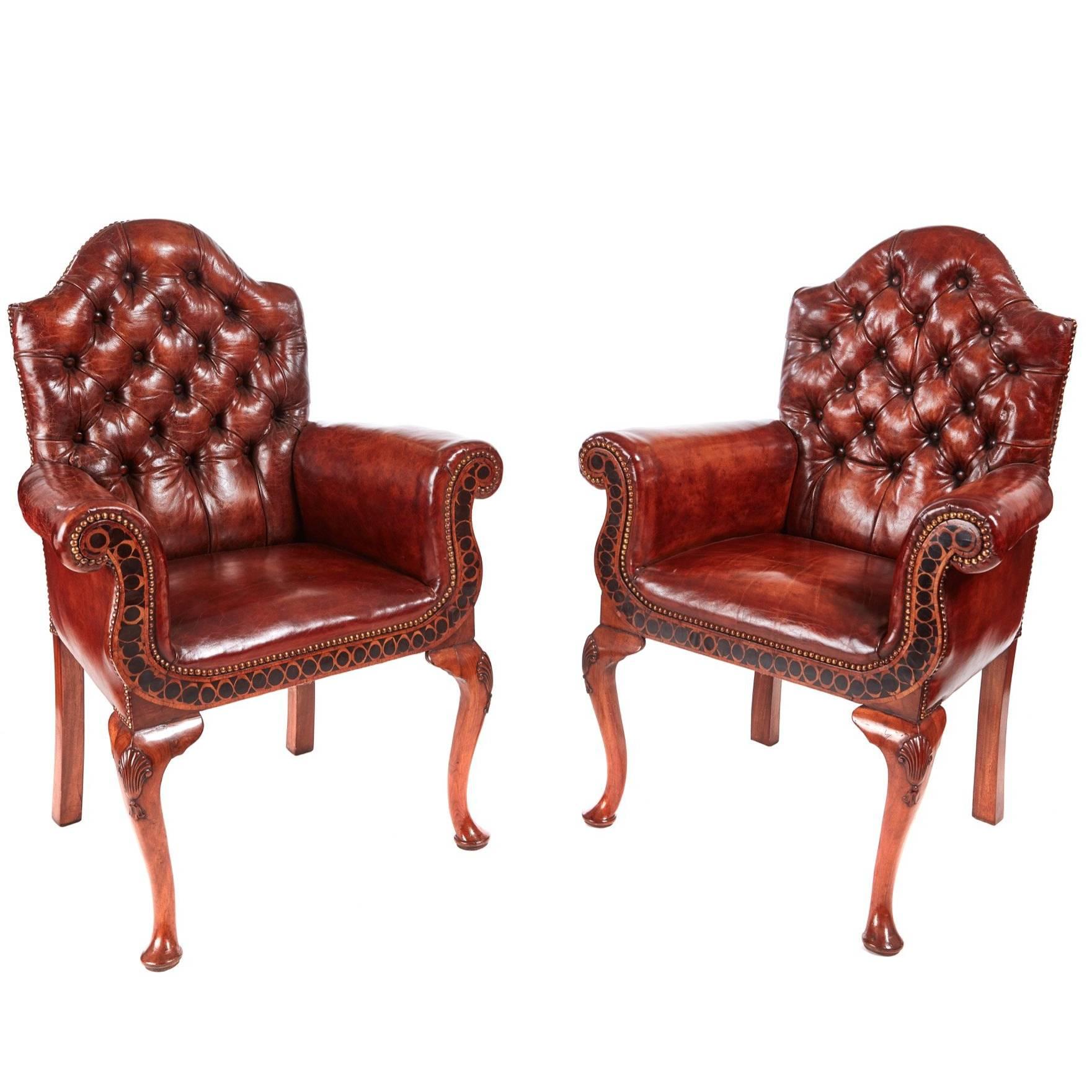 Outstanding Quality Pair of Antique Leather Buttoned Back Library Chairs
