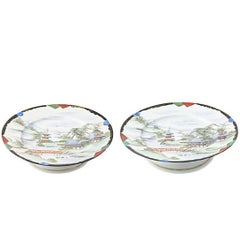 Hand-Painted Japanese Village Scene Compotes, Pair
