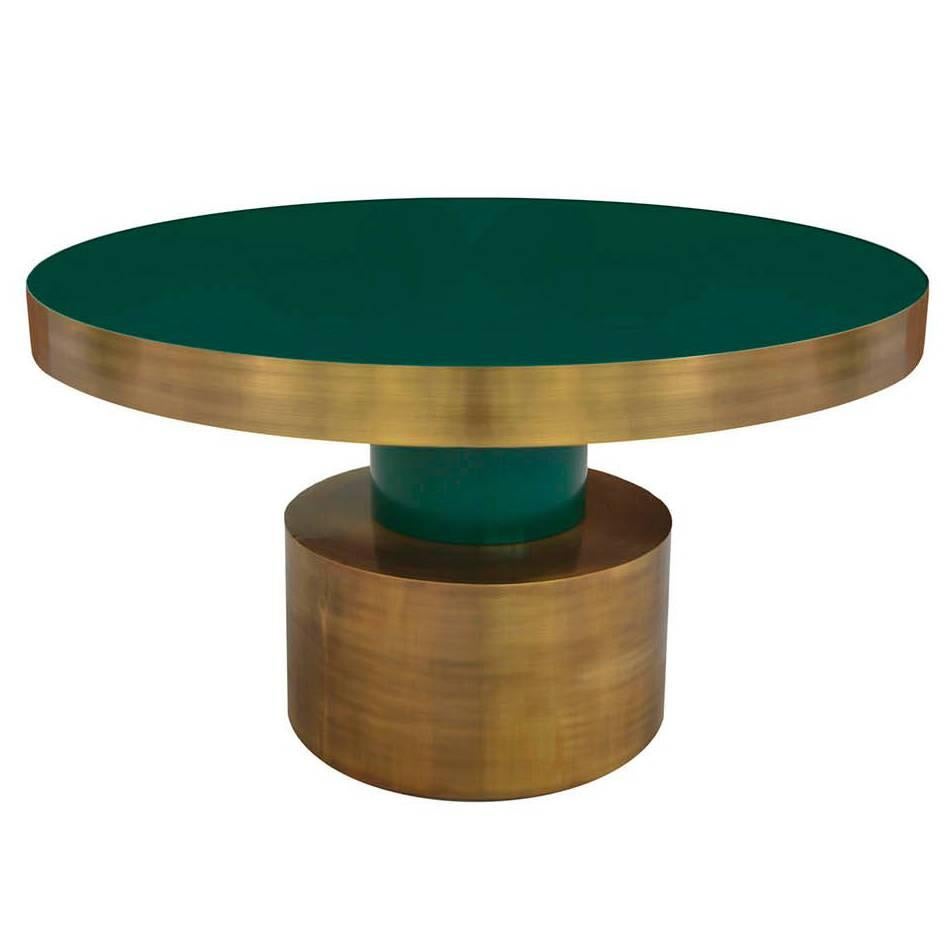 European 21st Century Art Deco Antique Brass and Green Lacquered Wood Rio Dining Table For Sale