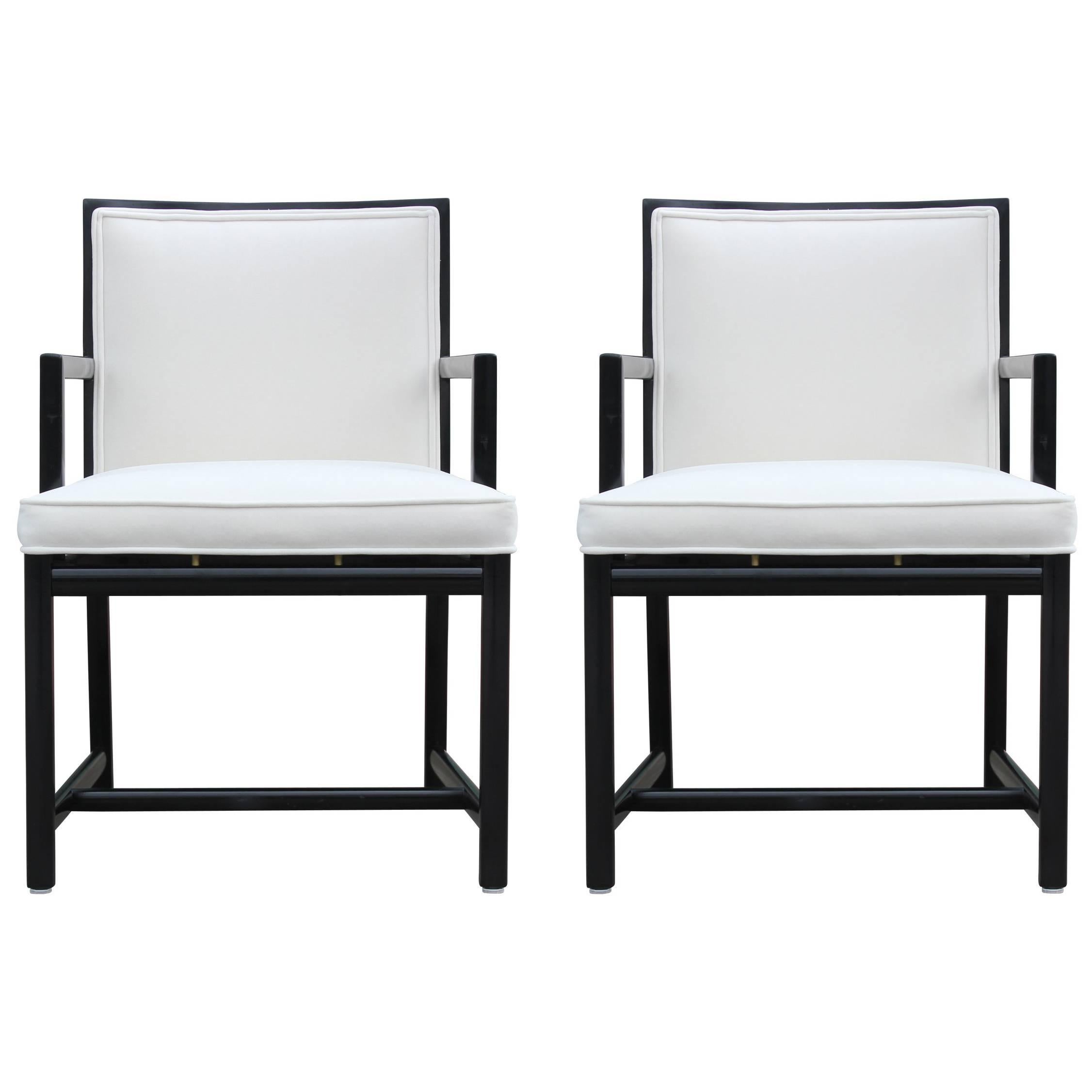 Modern Pair of Michael Taylor for Baker White Velvet and Black Lounge Chairs