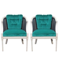 Modern Pair of Black Cane and Bleached Wood Lounge Chairs in Tufted Teal Velvet