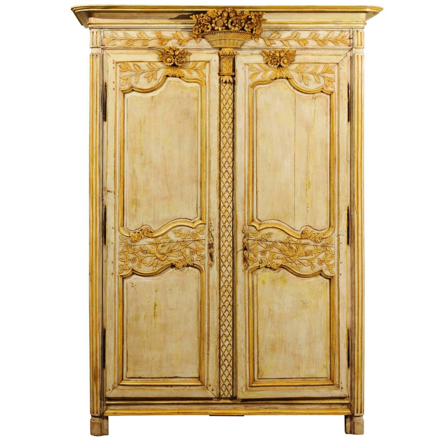 French Mid-18th Century Transition Painted Armoire with Floral Carved Cornice