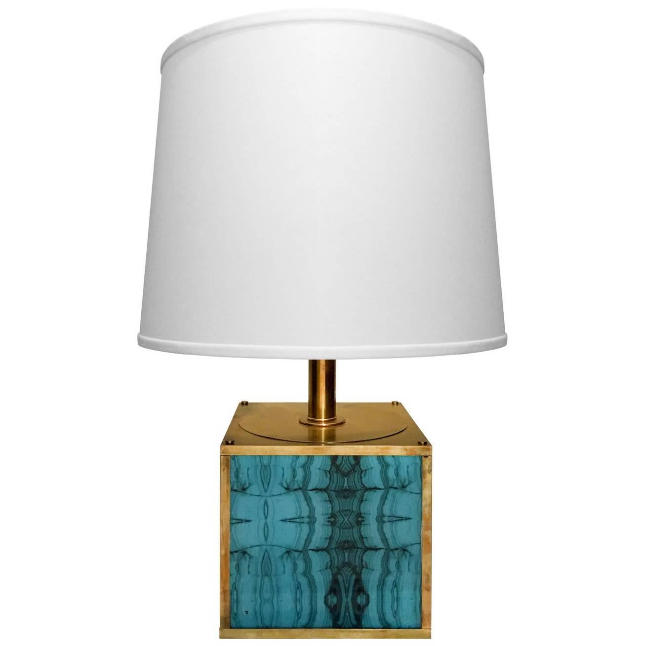 1970s Brass Cube Table Lamp with Turquoise Plexi Inserts
