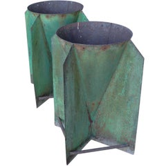 Pair of Green Metal Jardinieres