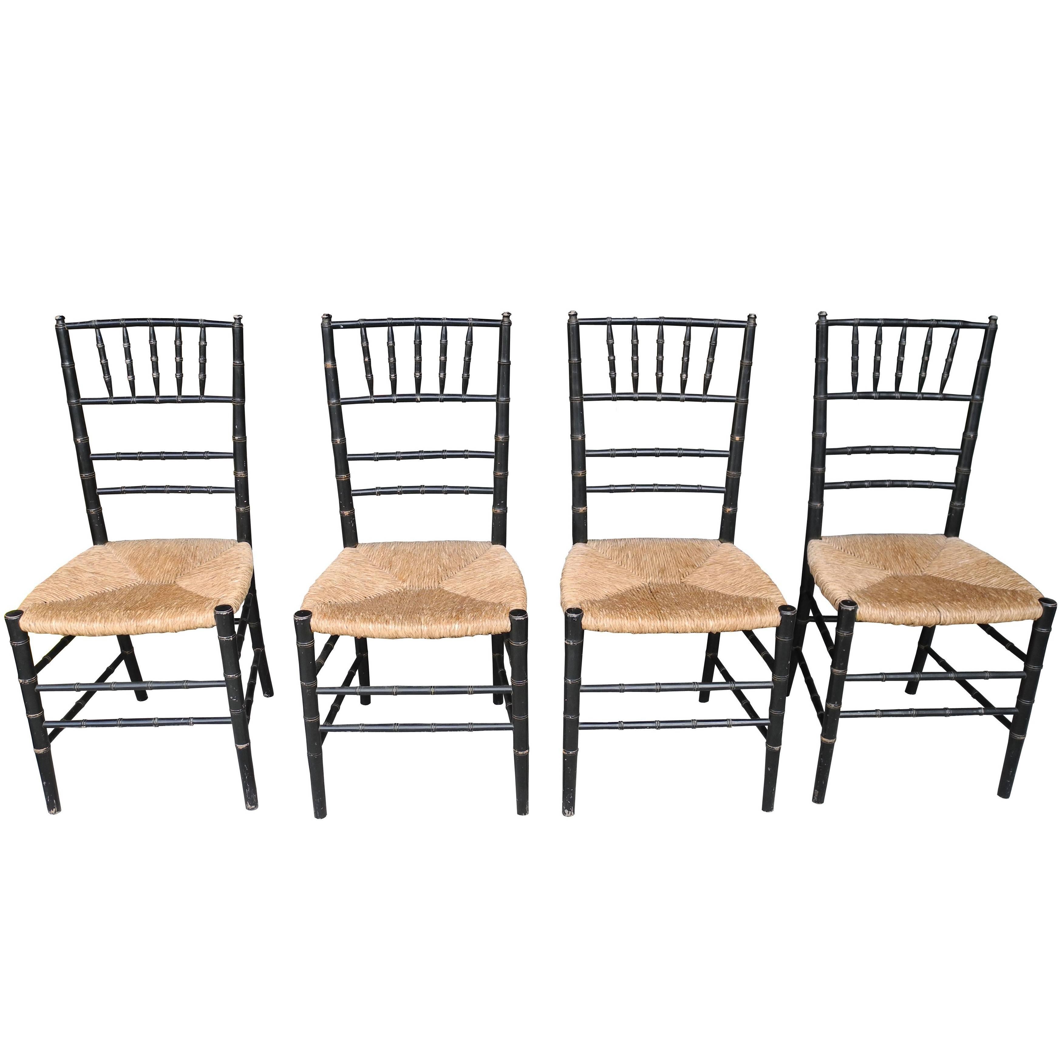 Set of Four Faux Bamboo Wood and Rush Decorative Chairs For Sale