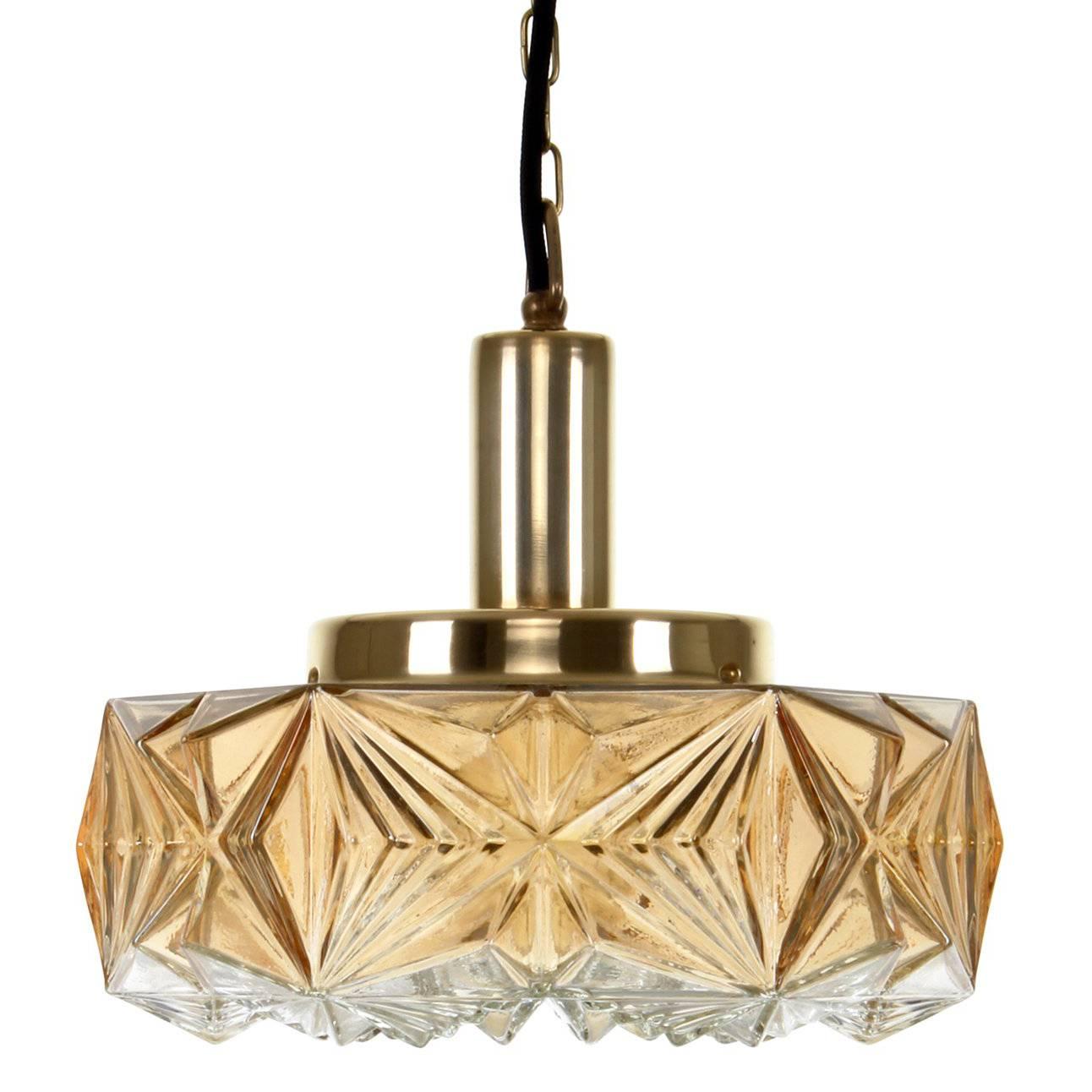 Pressed Glass Pendant, No. 36404 by Vitrika, 1960s, Vintage Glass and Brass Lamp