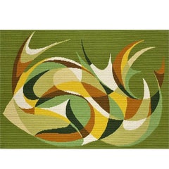 Danish Midcentury Wool Carpet Rug Rya Abstract Flat-Weave Green Wall Hanging
