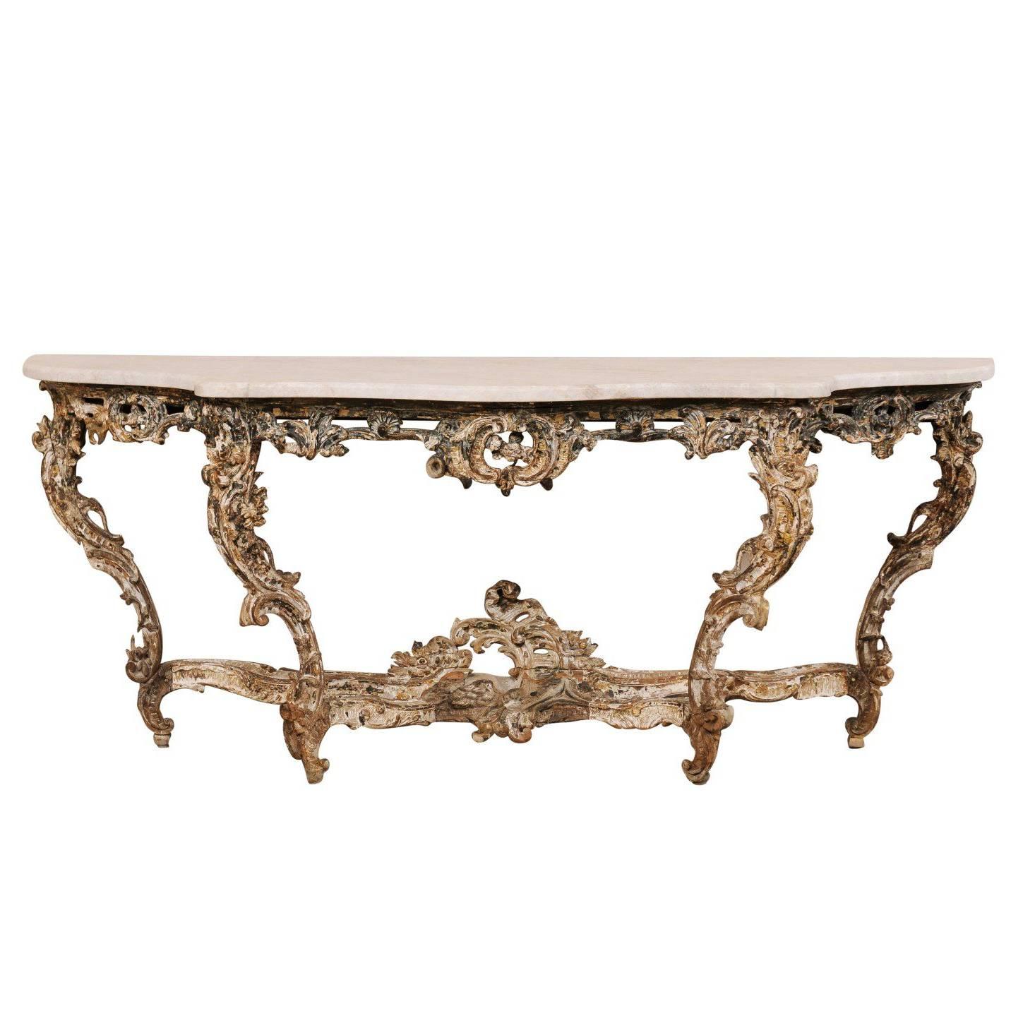 Exquisite French 18th Century Richly Carved Wood and Marble Rococo Console Table
