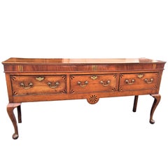 Tall Welsh or English Fan Inlaid Oak and Mahogany Dresser Base or Sideboard