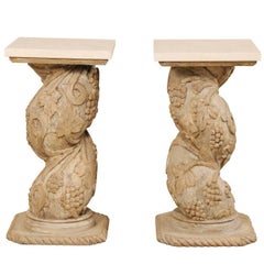 Pair of Italian 19th Century Carved Wood Twisting Pedestals with Marble Tops