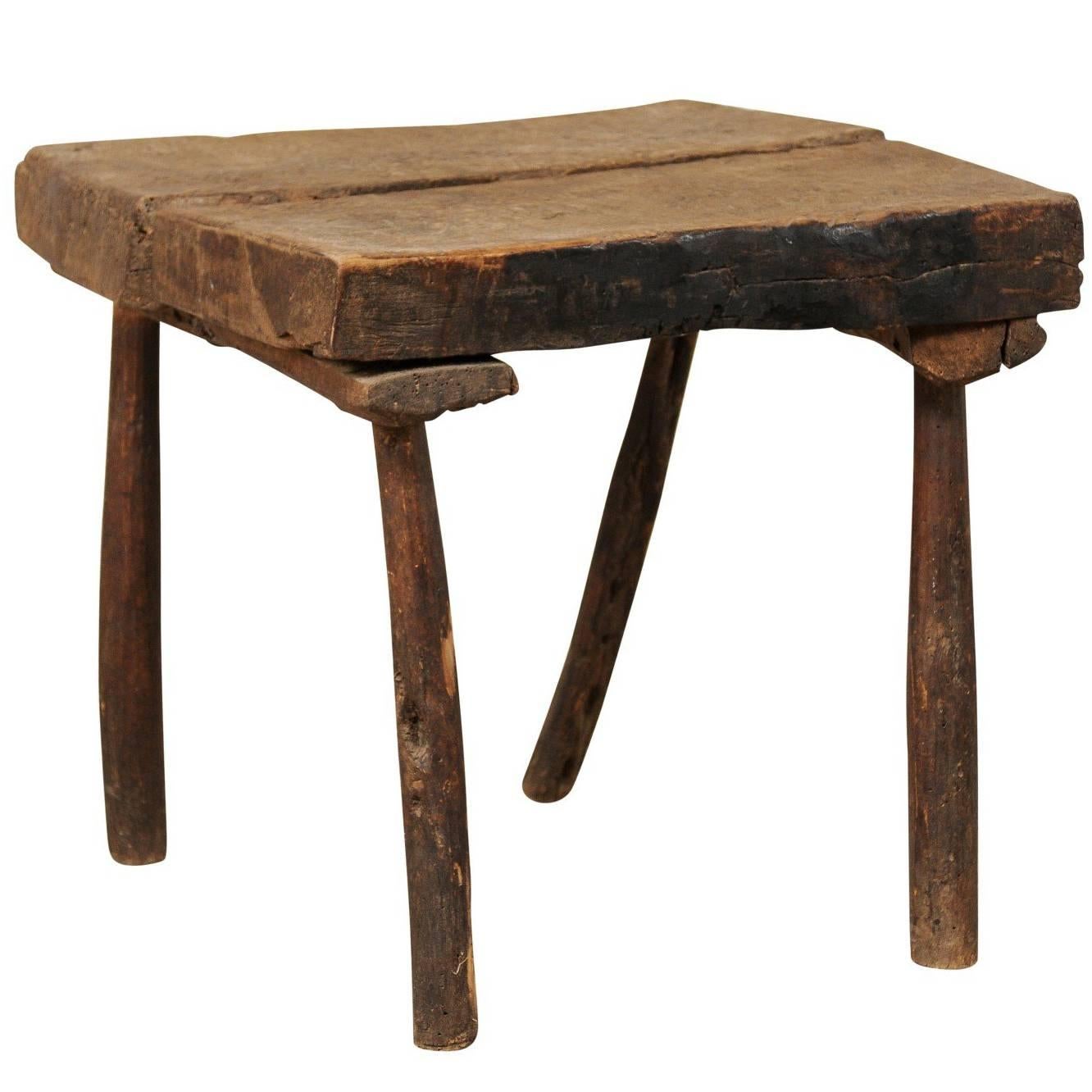 French, 19th Century Cute Rustic Oak Wood Side or Drink Table with Square Top