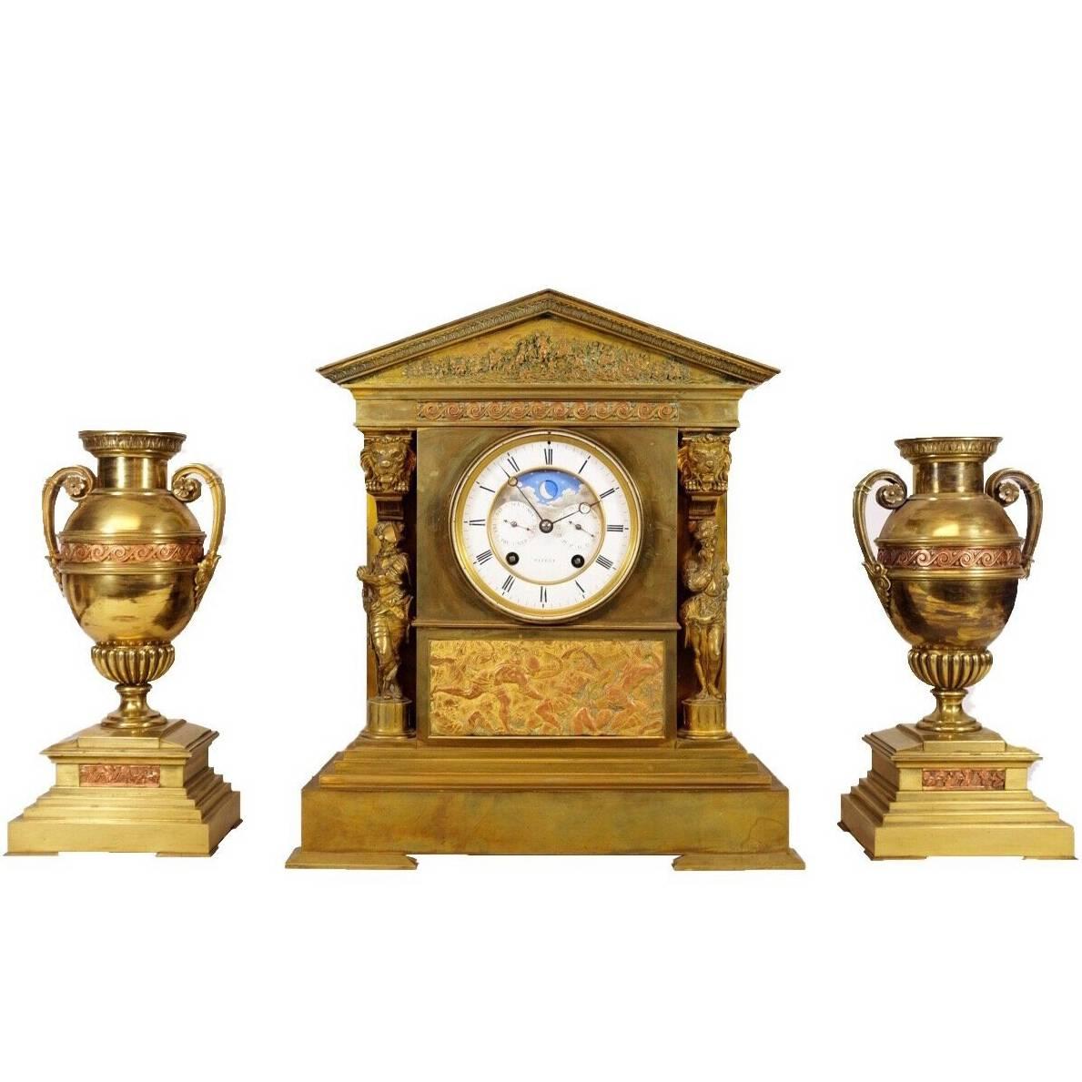 Achille Brocot and Delettrez Neoclassical Perpetual Calendar Clock Garniture Set For Sale
