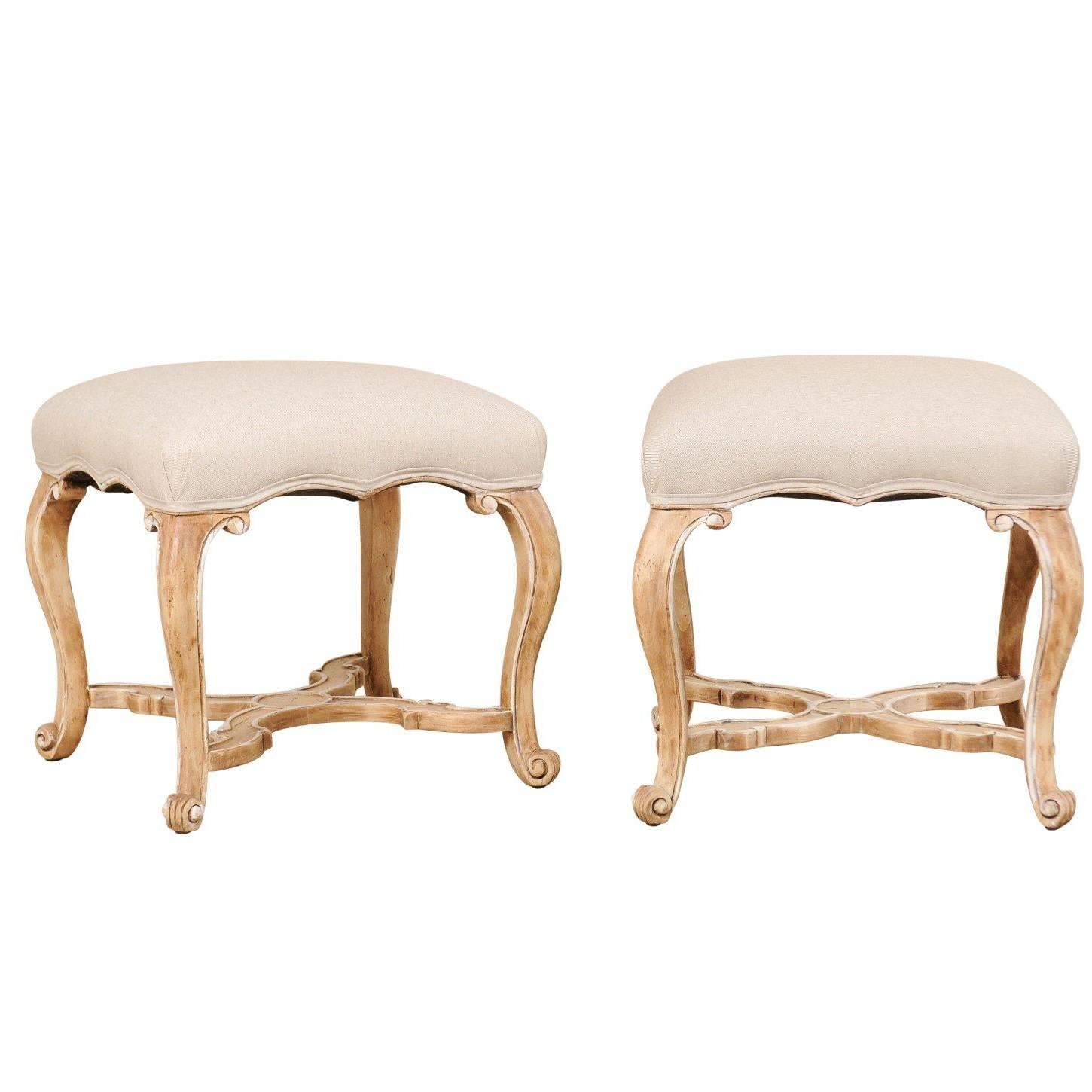 Pair of Carved Wood and Upholstered Stools with Cabriole Legs by Minton-Spidell
