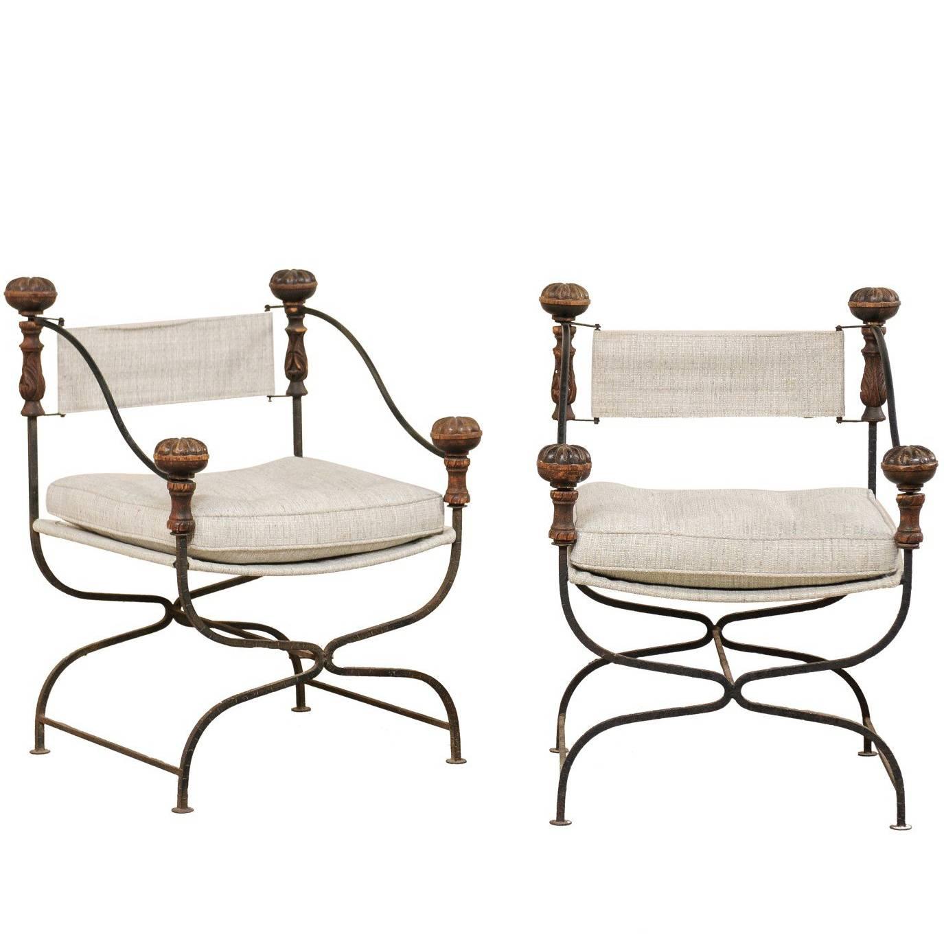 Pair of Italian Dante Iron and Upholstered Chairs with Carved Round Finials