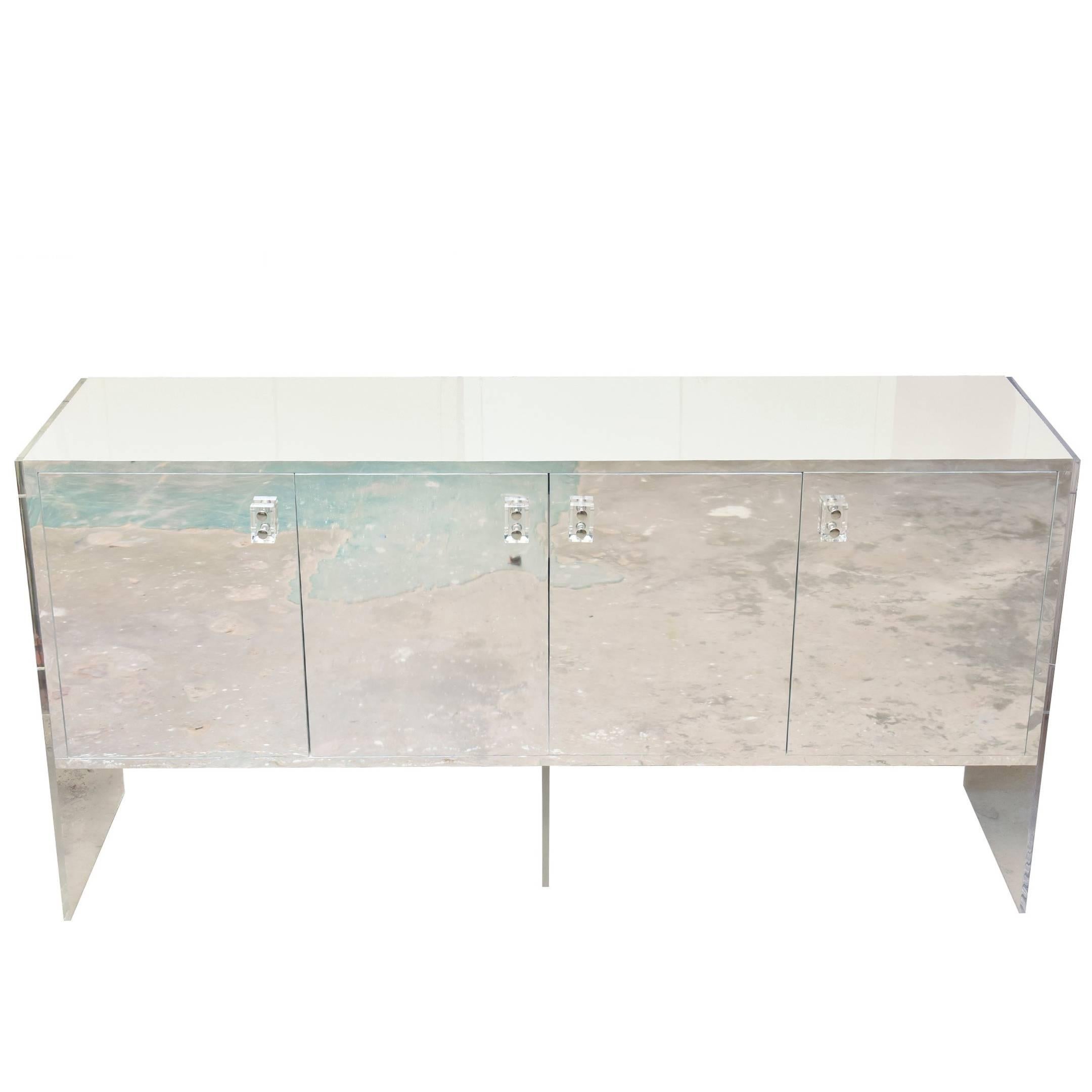 White Lacquer over Wood, Stainless Steel and Lucite Vintage Cabinet or Buffet