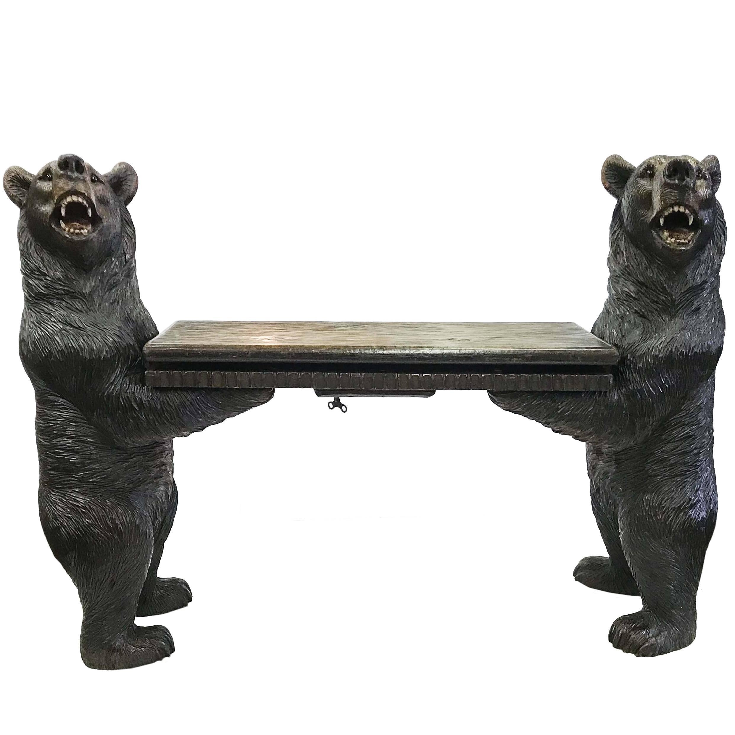 Black Forest Carved Bear Musical Bench For Sale
