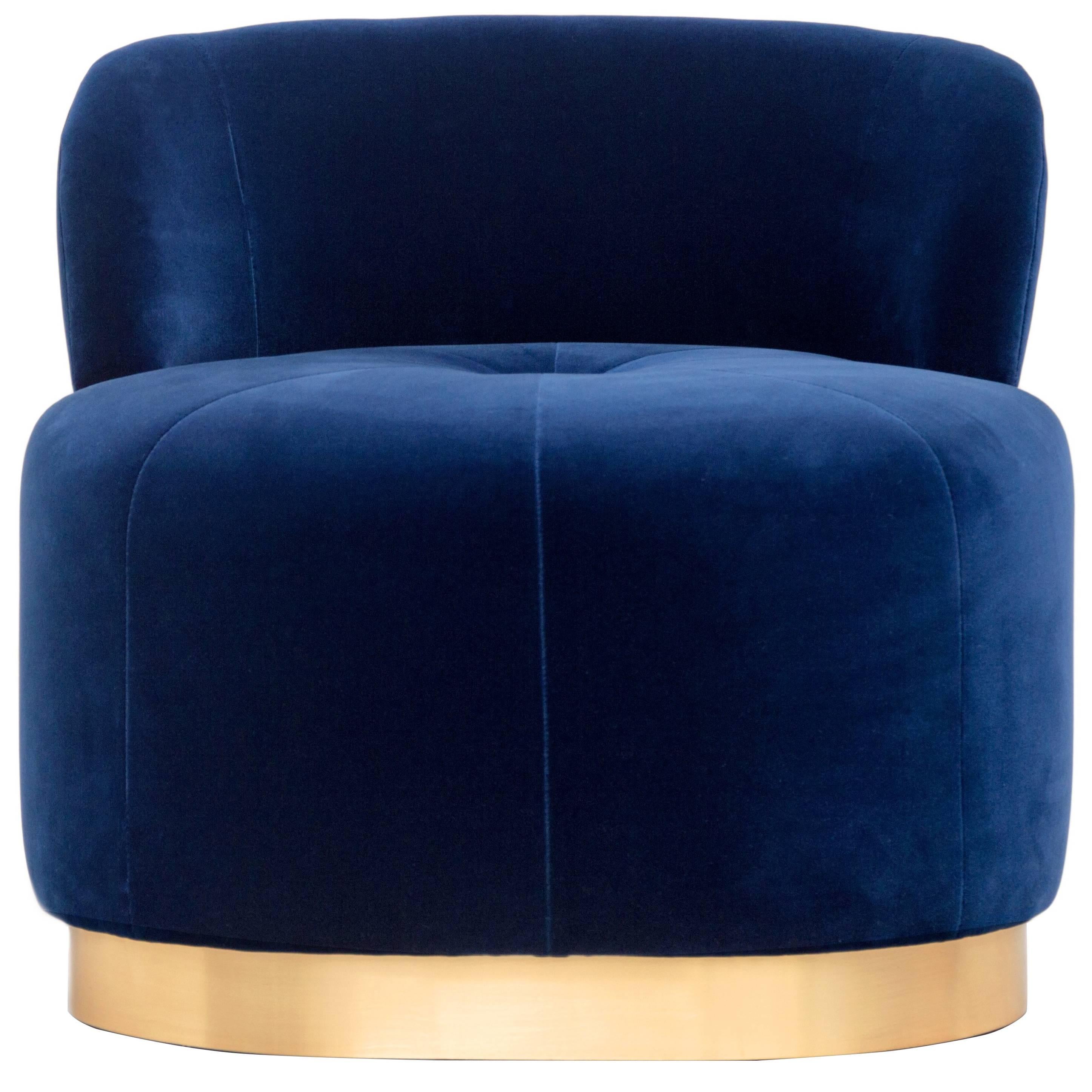 Midcentury Modern Navy Velvet and Brass Majestic Chair Handcrafted and Custom For Sale