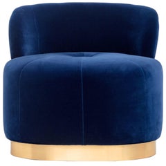 Blue Navy Velvet and Polished Brass Base Accent Chair Majestic