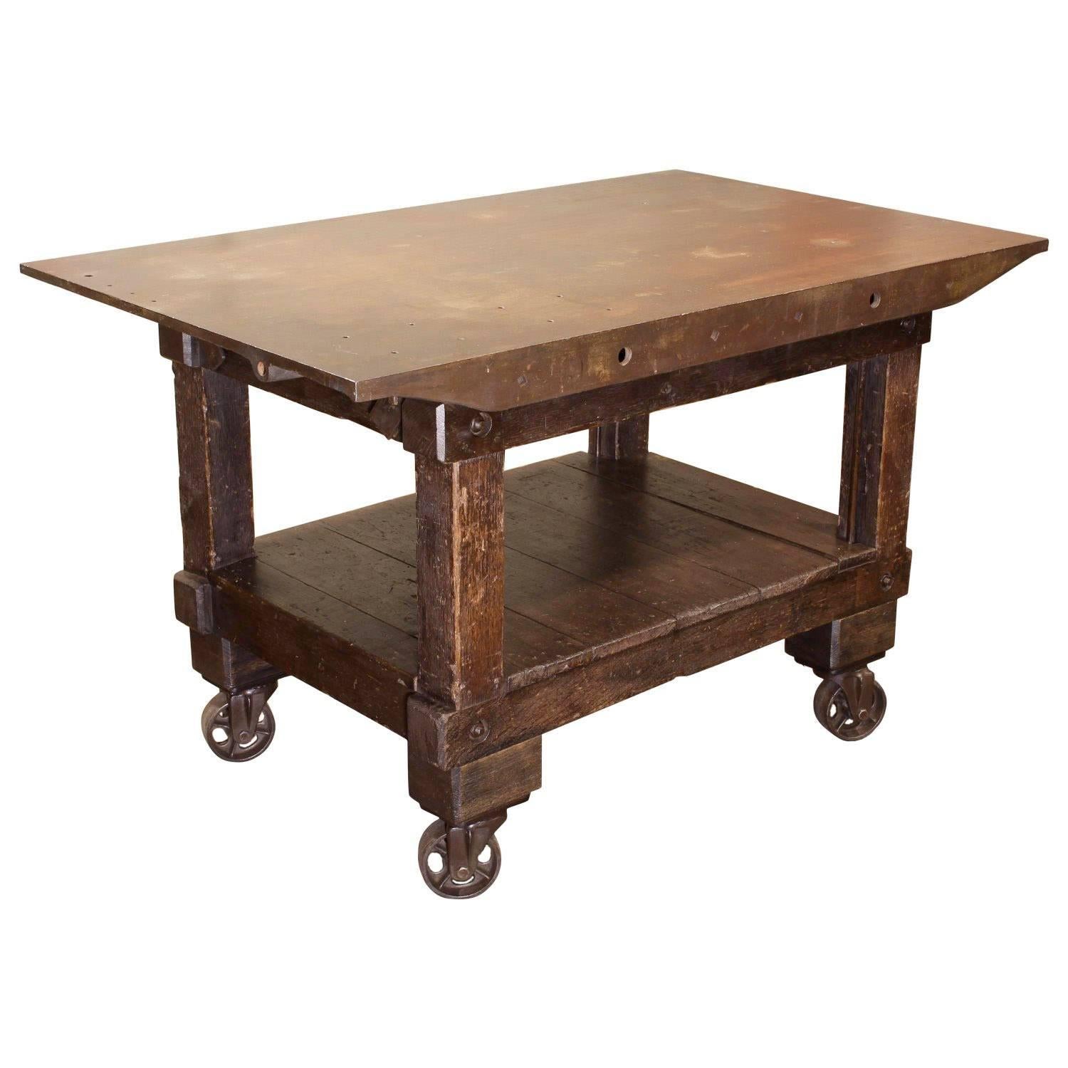 Rolling Table Kitchen Island, Wood and Cast Iron