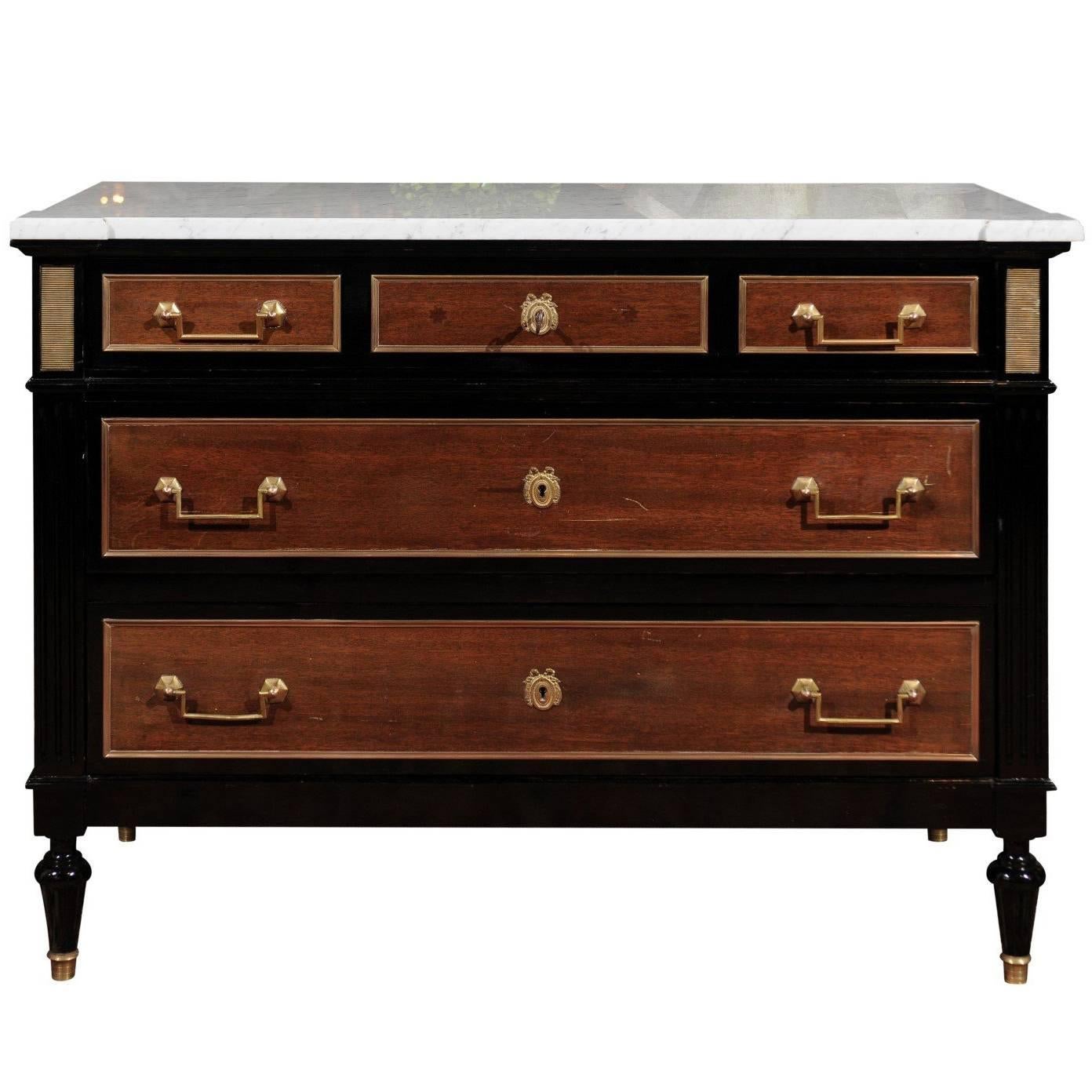 French 1920s Directoire Style Ebonized Wood and Marble Top Three-Drawer Commode