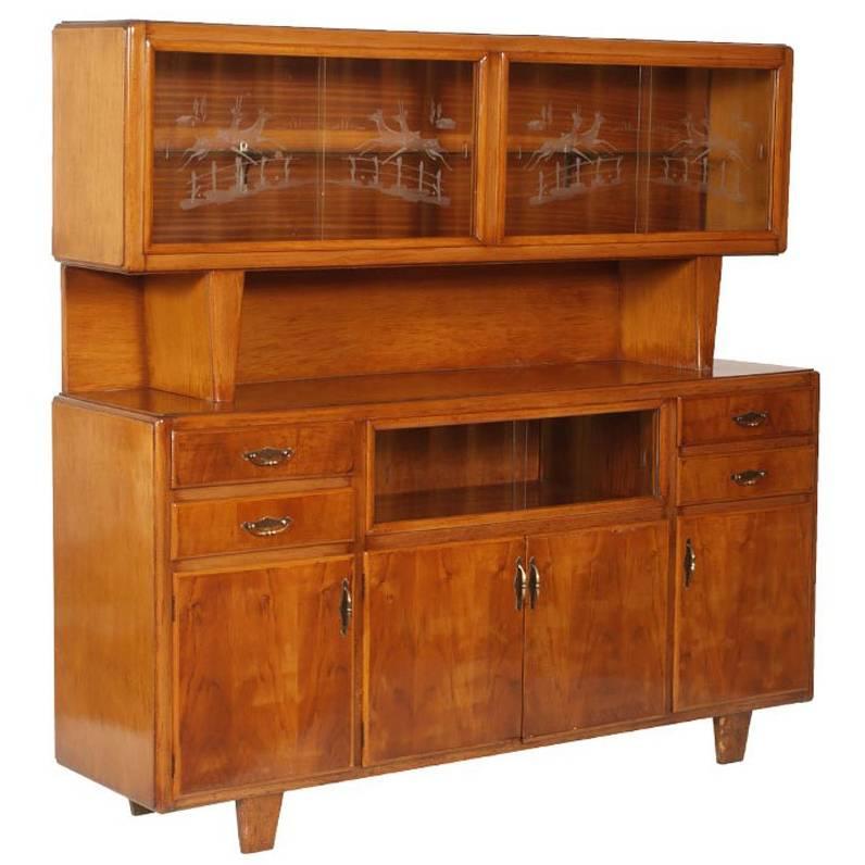 1940 Art Deco Italian Sideboard & Display Cabinet Gio Ponti Manner Blond Walnut For Sale