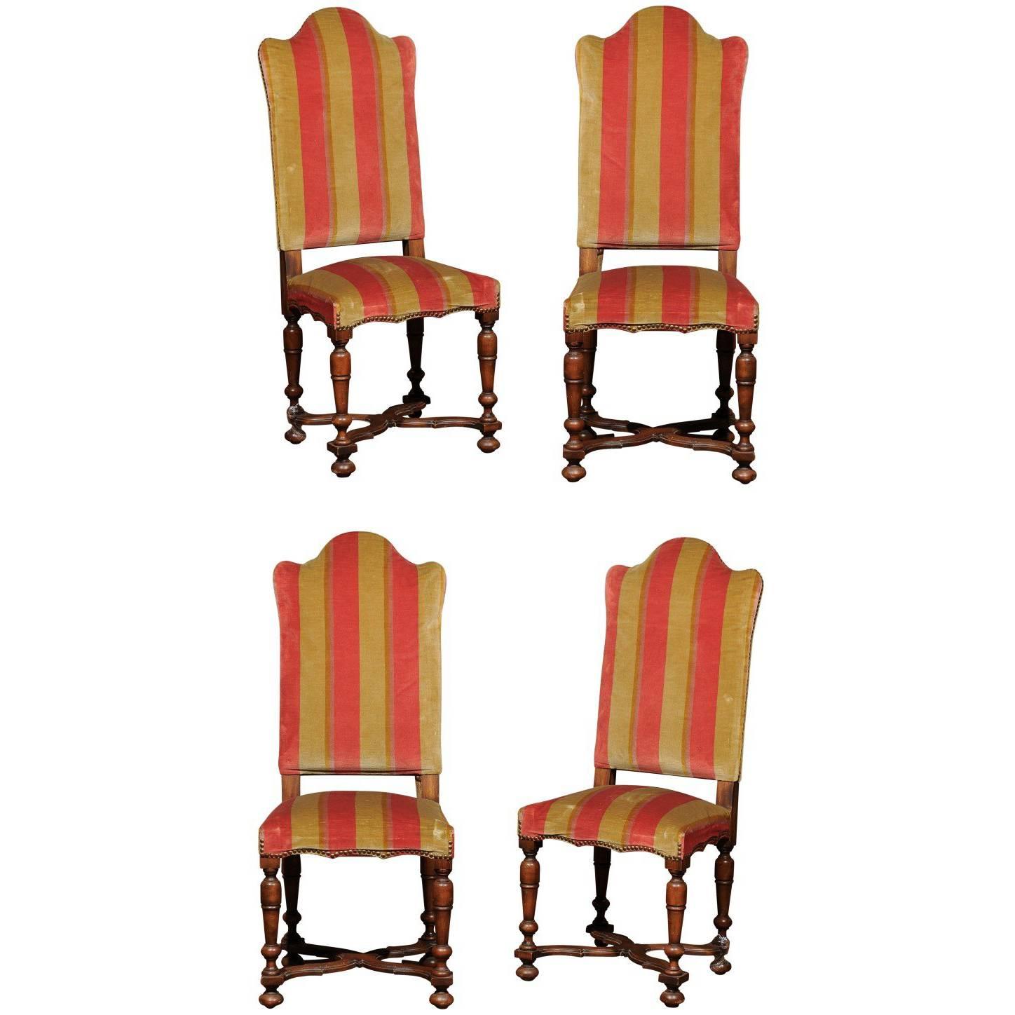Set of Four Italian 1880s Tall Camelback Dining Chairs with X-Form Stretcher