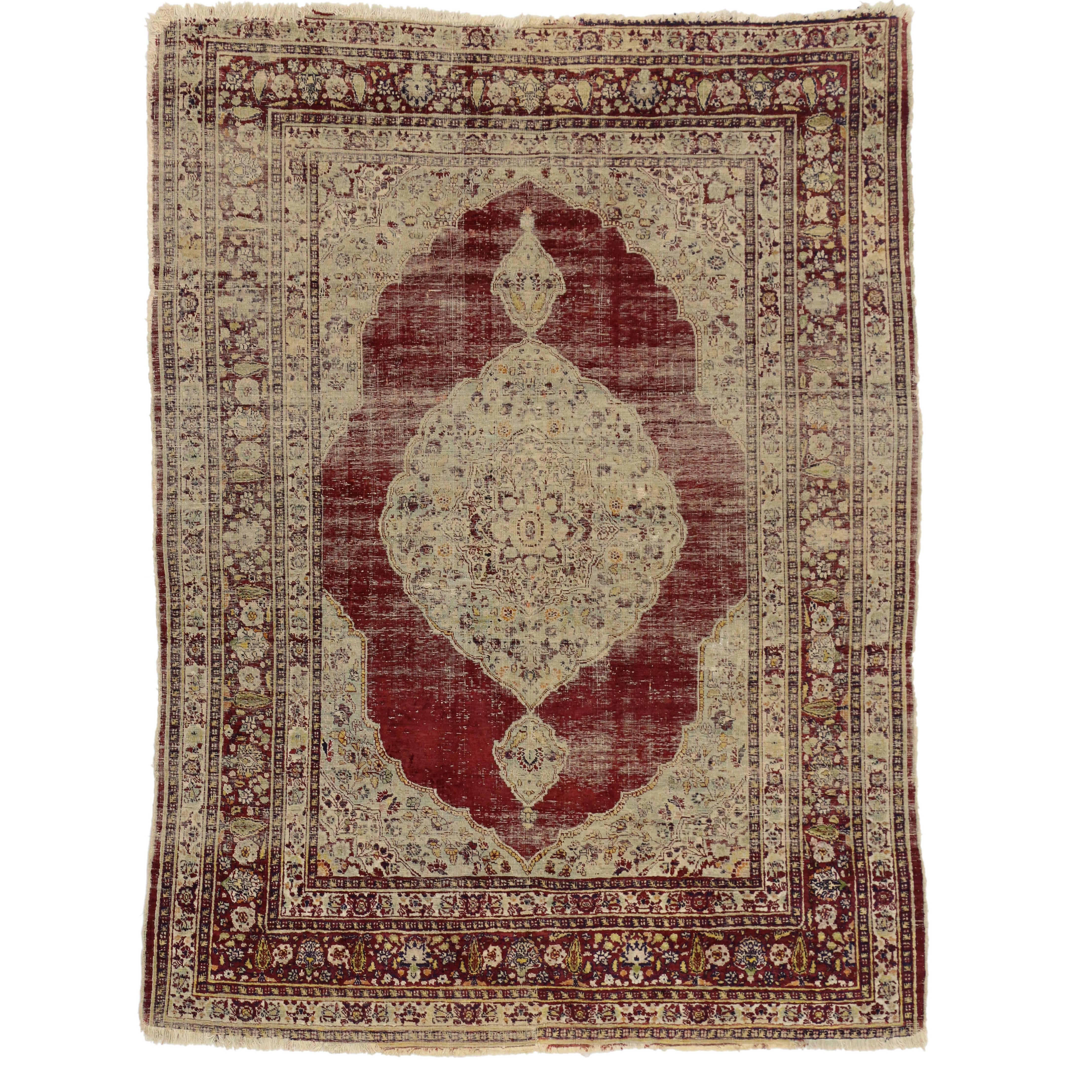 Distressed Vintage Persian Silk Tabriz Rug with Modern Industrial Style
