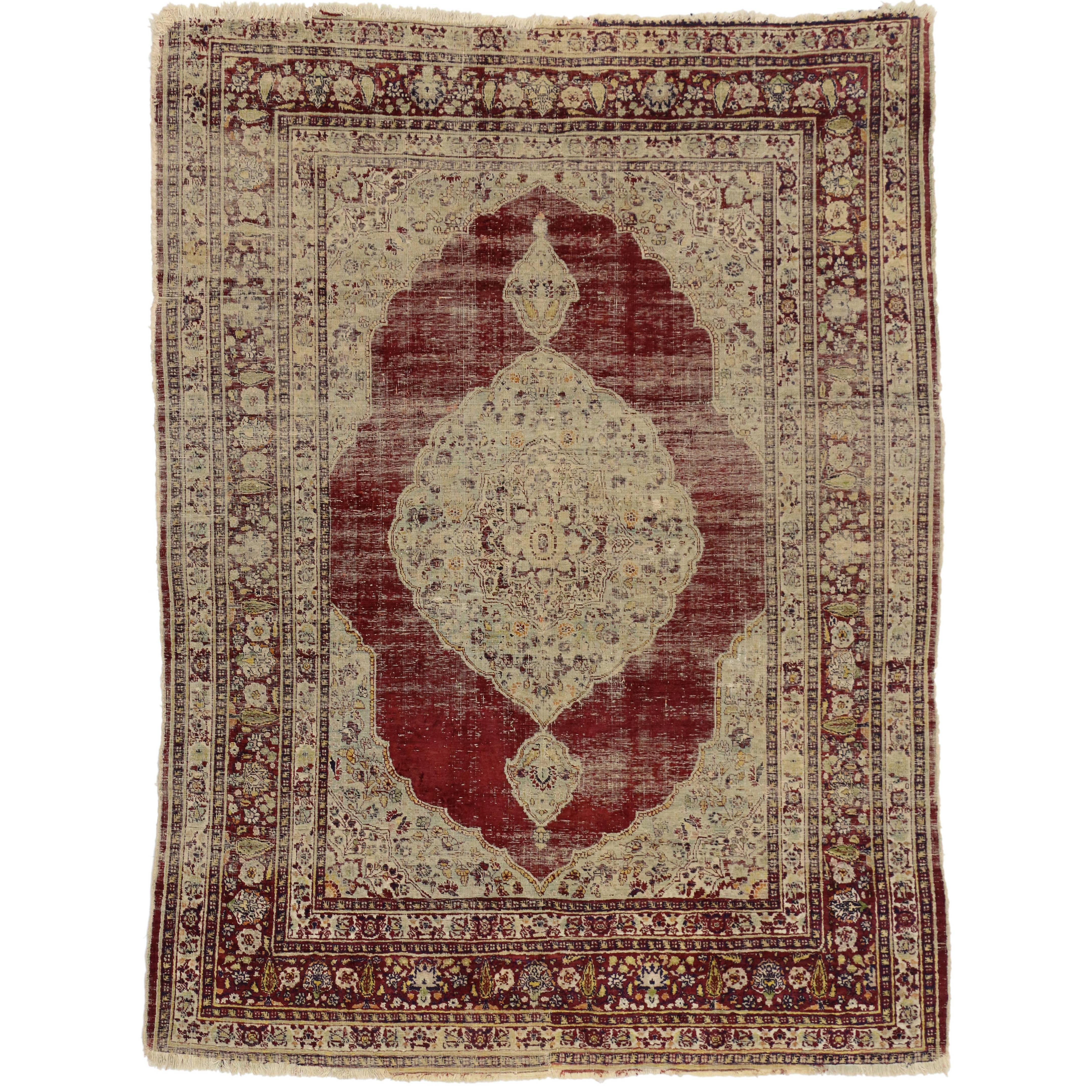 Tapis de Tabriz en soie persane vintage vieillie de style industriel moderne