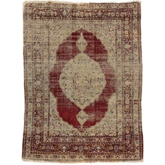 Distressed Antique Persian Silk Tabriz Rug with Modern Industrial Style