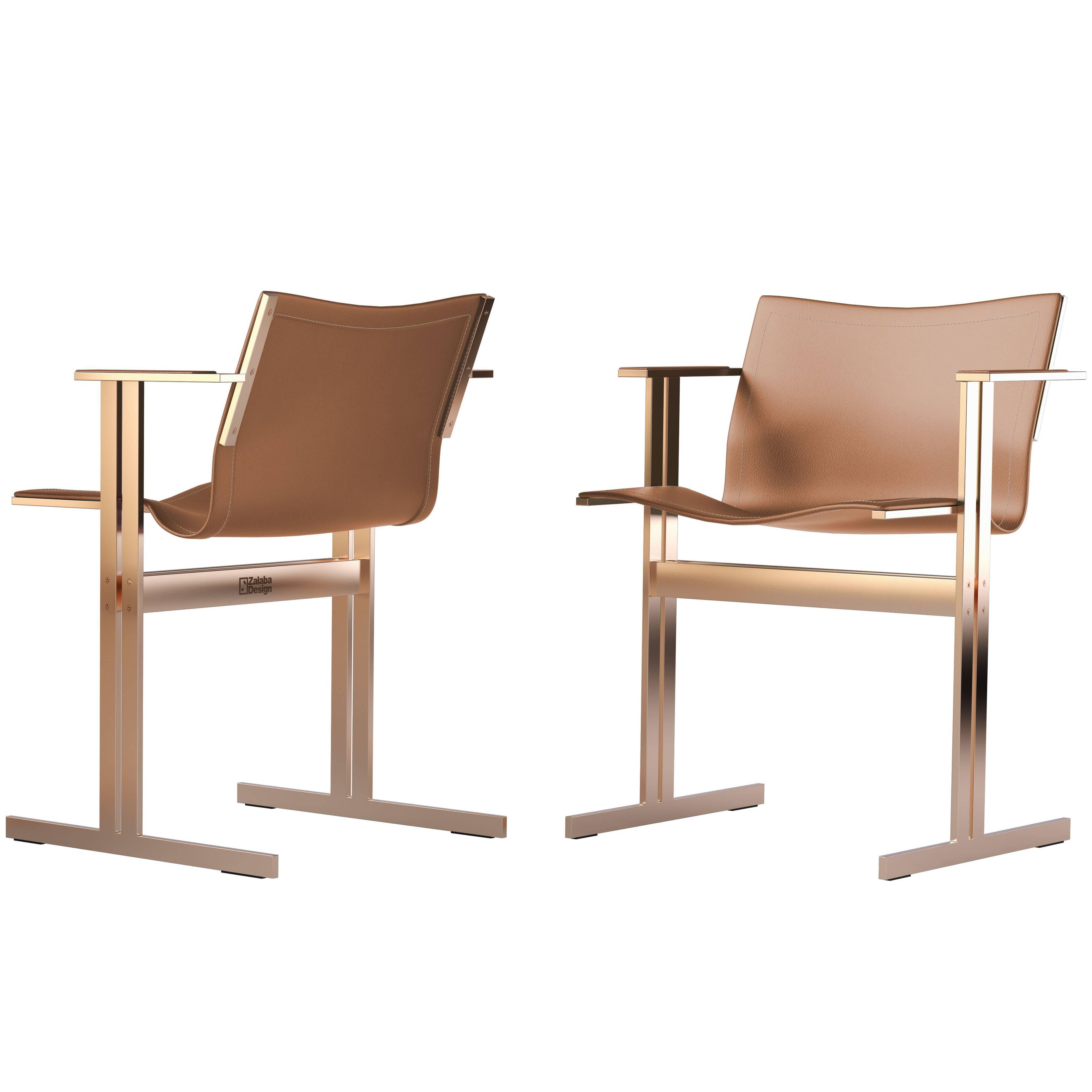Modern Contemporary Dining / Office Chair Leather and Brass, New Bauhaus Design For Sale