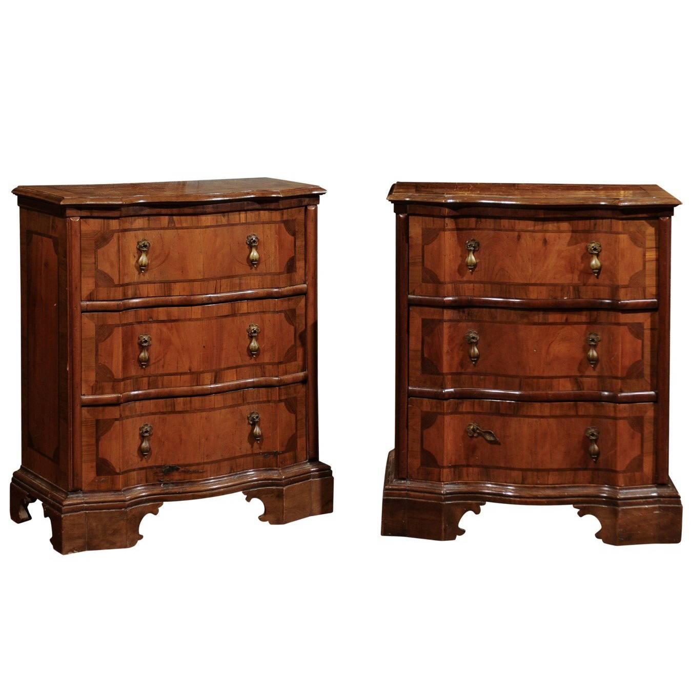 Pair of Italian Petite Walnut Inlaid Commodes with Serpentine Front, circa 1890