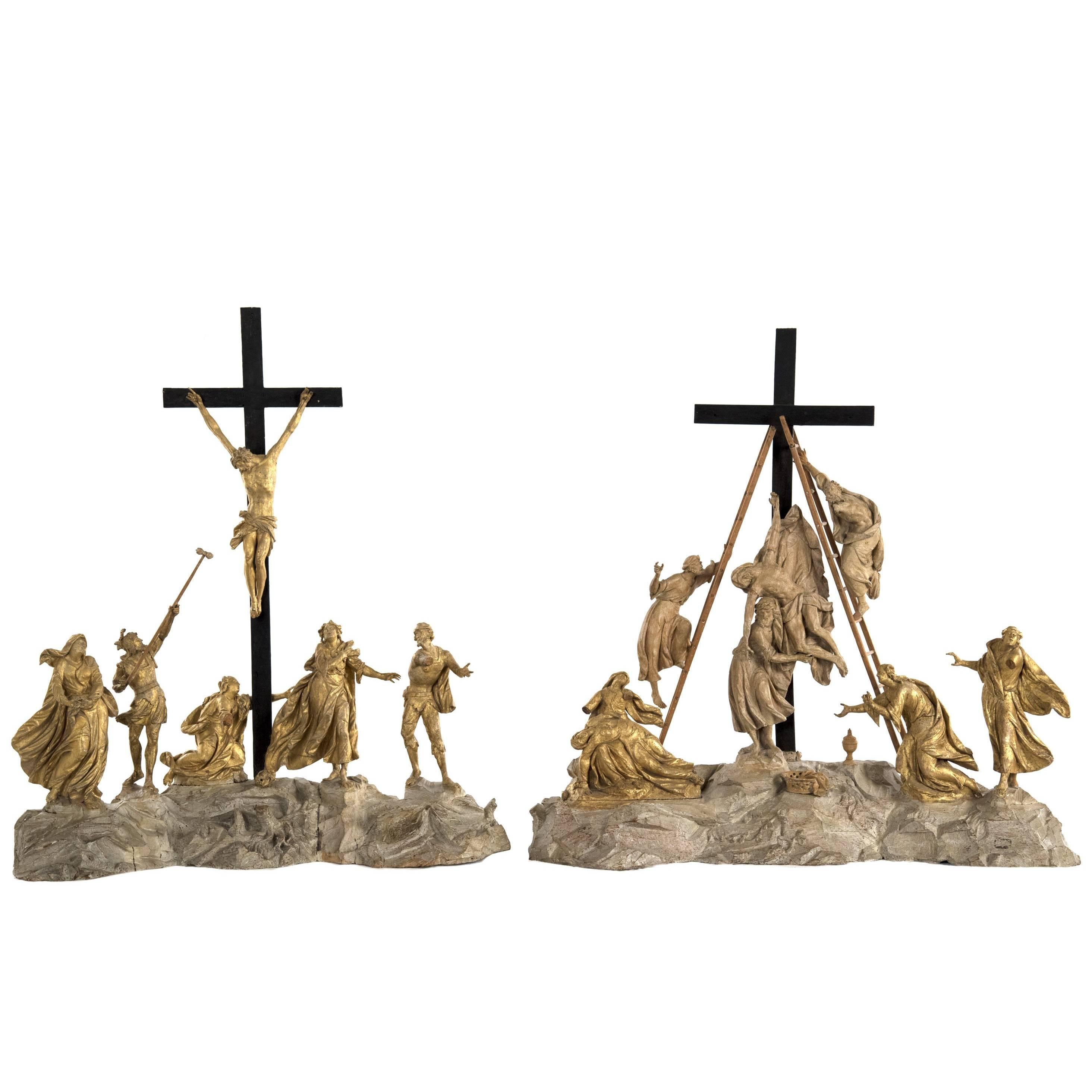 Set of Wood and Gold Leaf Crucifixion Sculptures