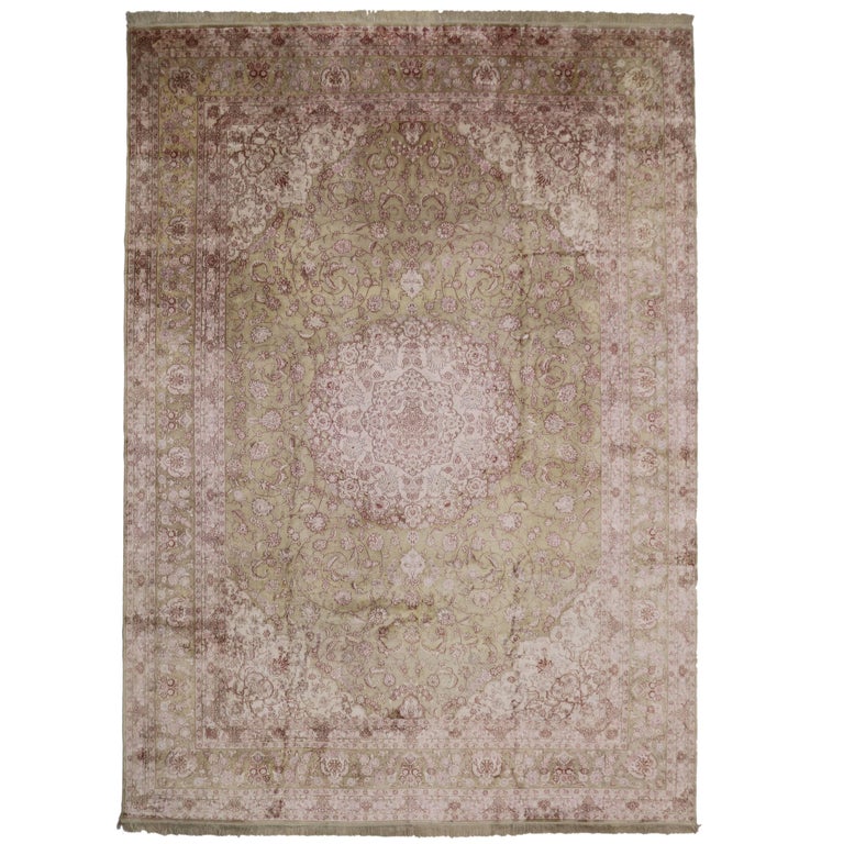 Pink and Ecru Vintage Hereke Art Nouveau Style Area Rug For Sale at 1stDibs