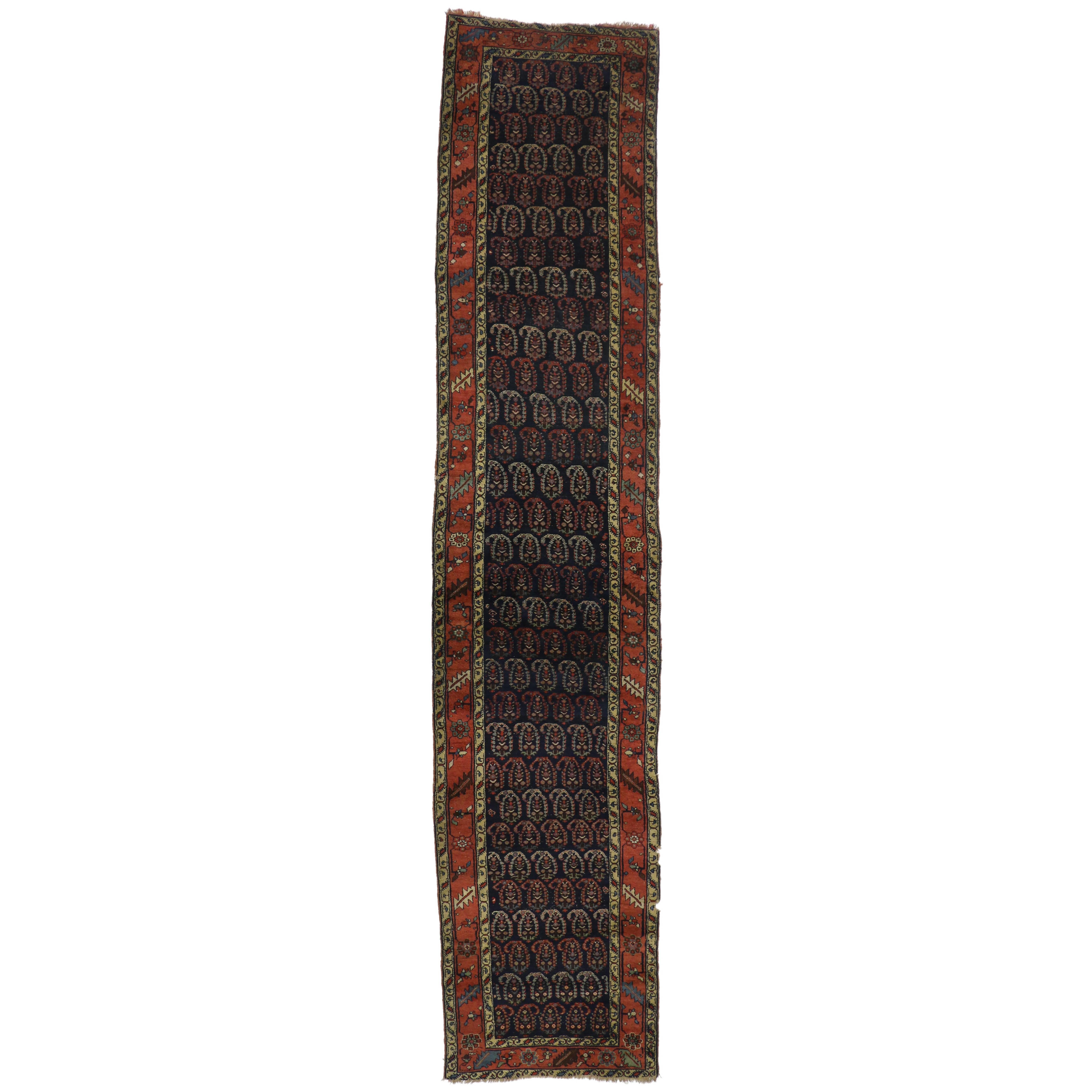 Antique Persian Bijar Runner with Boteh Design and Modern Victorian Style