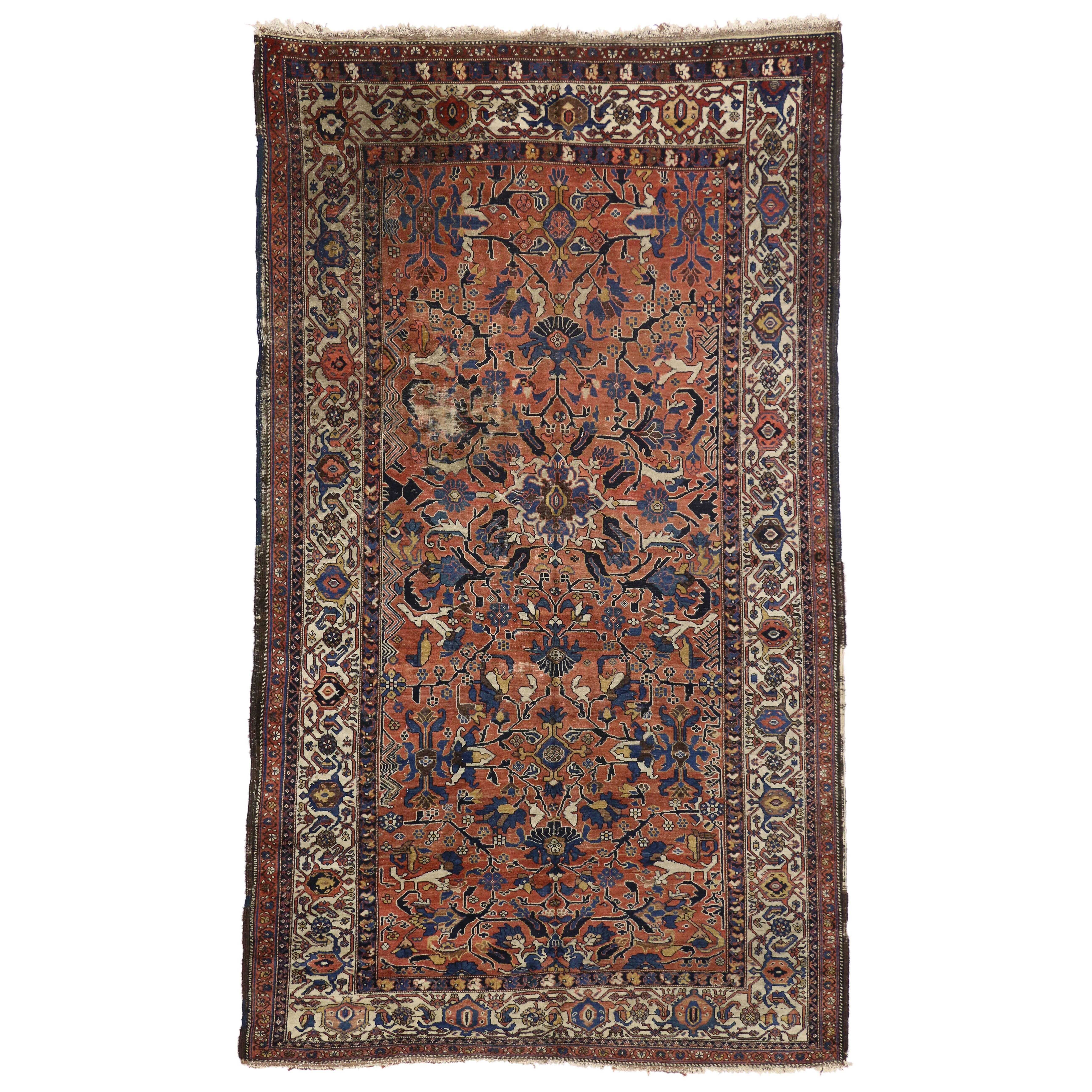 Distressed Antique Persian Bijar Rug with Modern Rustic Style For Sale