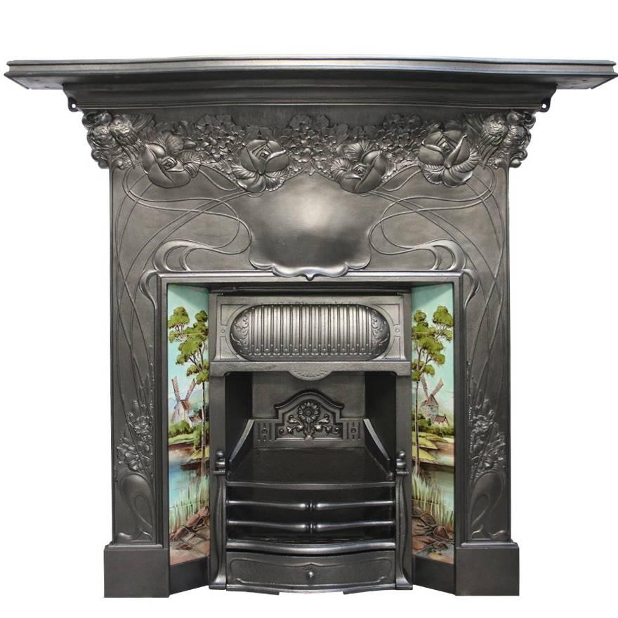 Large Antique Edwardian Art Nouveau Cast Iron Combination Fireplace