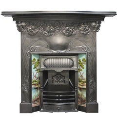 Large Used Edwardian Art Nouveau Cast Iron Combination Fireplace