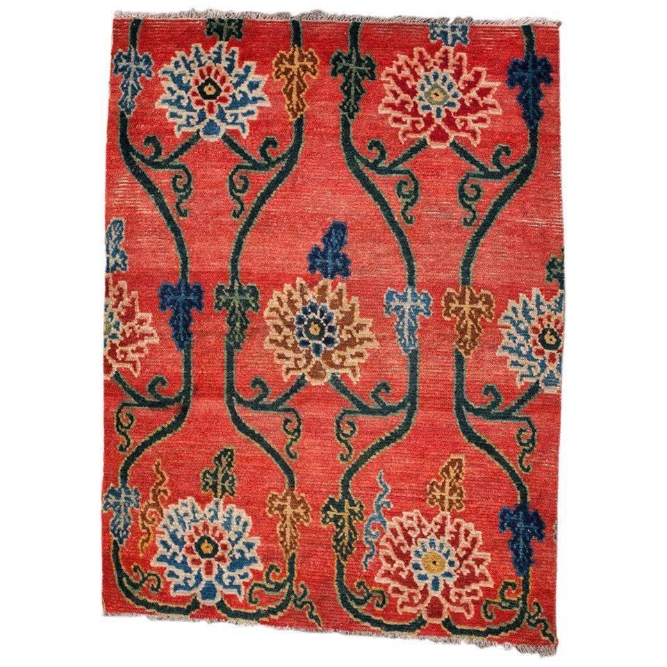 Antique Tibetan Red Sitting Rug with Lotus design For Sale