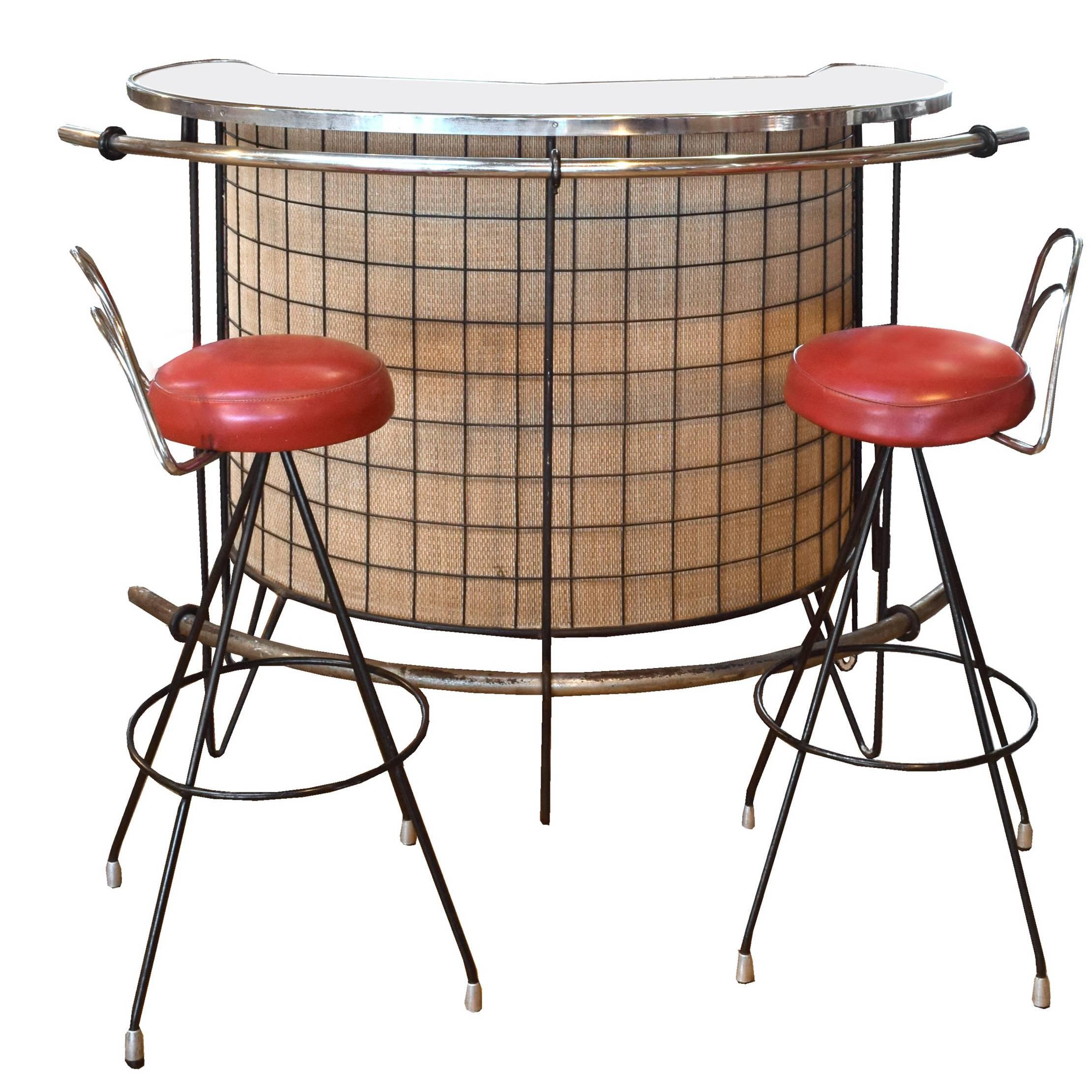 French Midcentury Bar with Stools