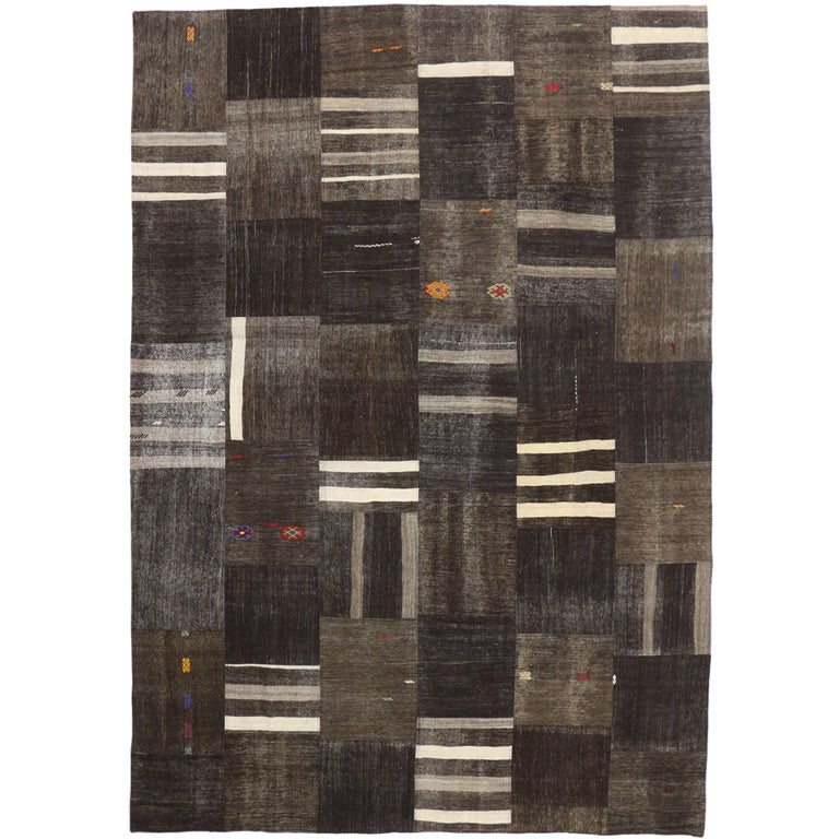 Vintage Turkish Patchwork Kilim Rug with Minimalist Style, FlatWeave